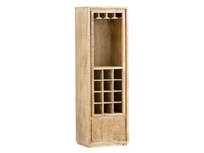 Moderner Weinschrank "Blackdale" aus dunklem Holz mit Glastür, eingelegten Weinflaschen und dekorativen Accessoires in warmem, gemütlichem Ambiente.