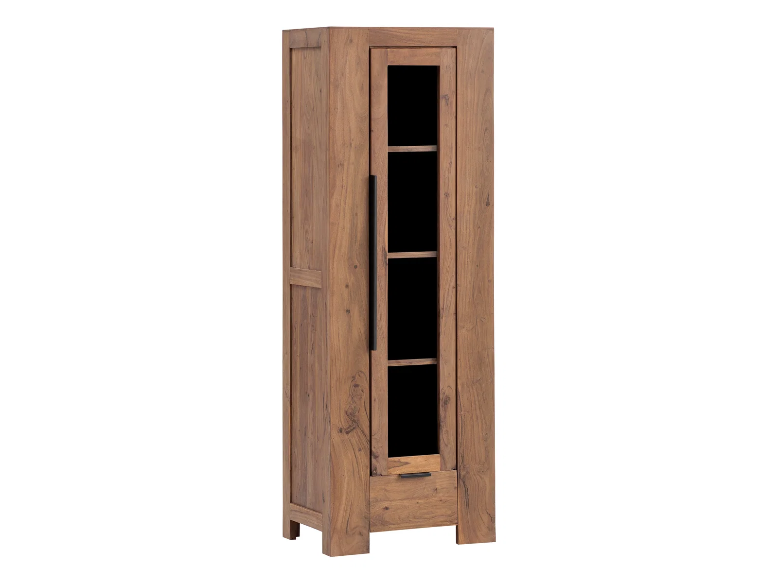 Vitrine Osbon in lackierter Akazie, freigestellte 45°-Ansicht, braune Holzvitrine mit 1 Tür rechts, 65×190×45 cm