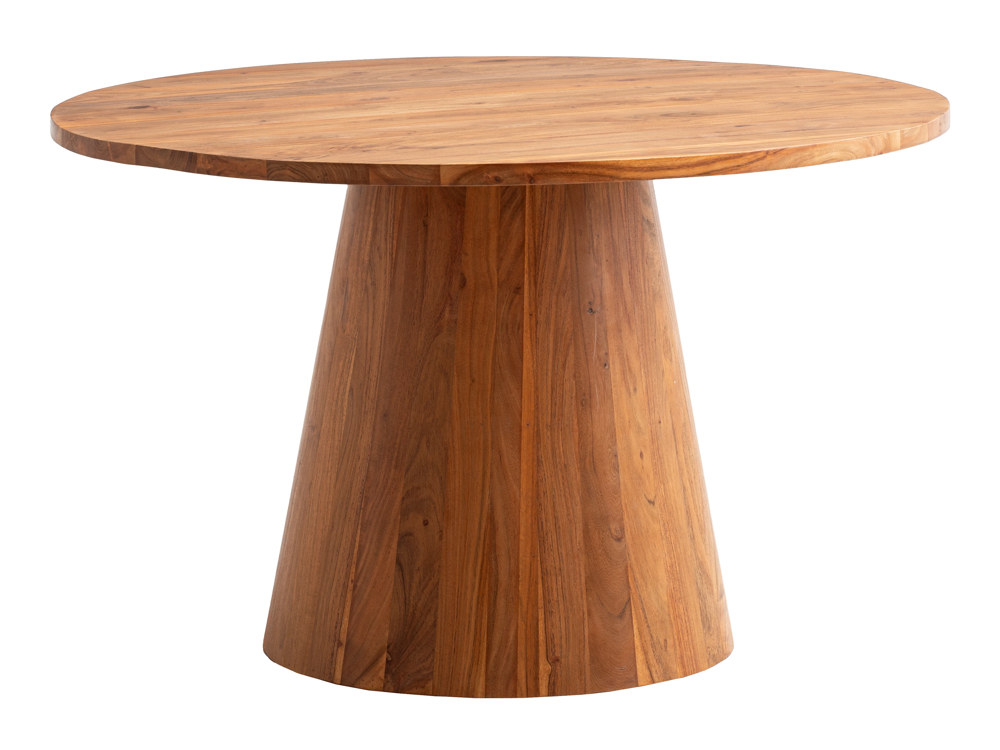 Freisteller, 45°-Ansicht des runden Esstisch Osbon D120 cm, lackierte Akazie in Braun mit konischem Mittelfuß. Ø 120 × H 75 cm. Essgruppe Osbon