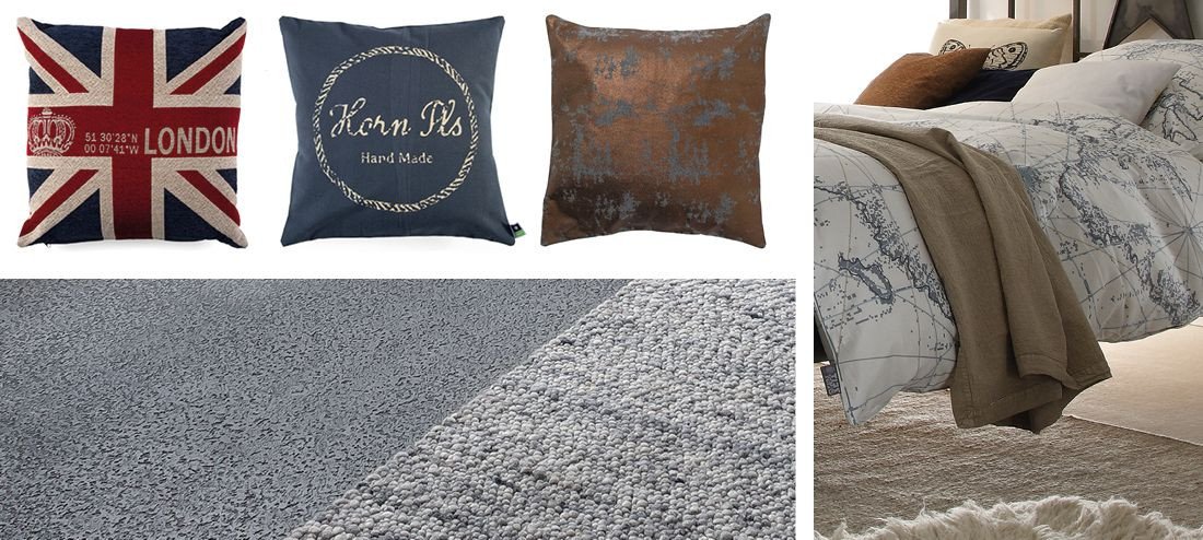 Industriestil-Collage: Wohnzimmer mit Backsteinwand, Holz-Metall-Möbeln, Ledersofa, Metalllampen und warm-dunkler Farbpalette.