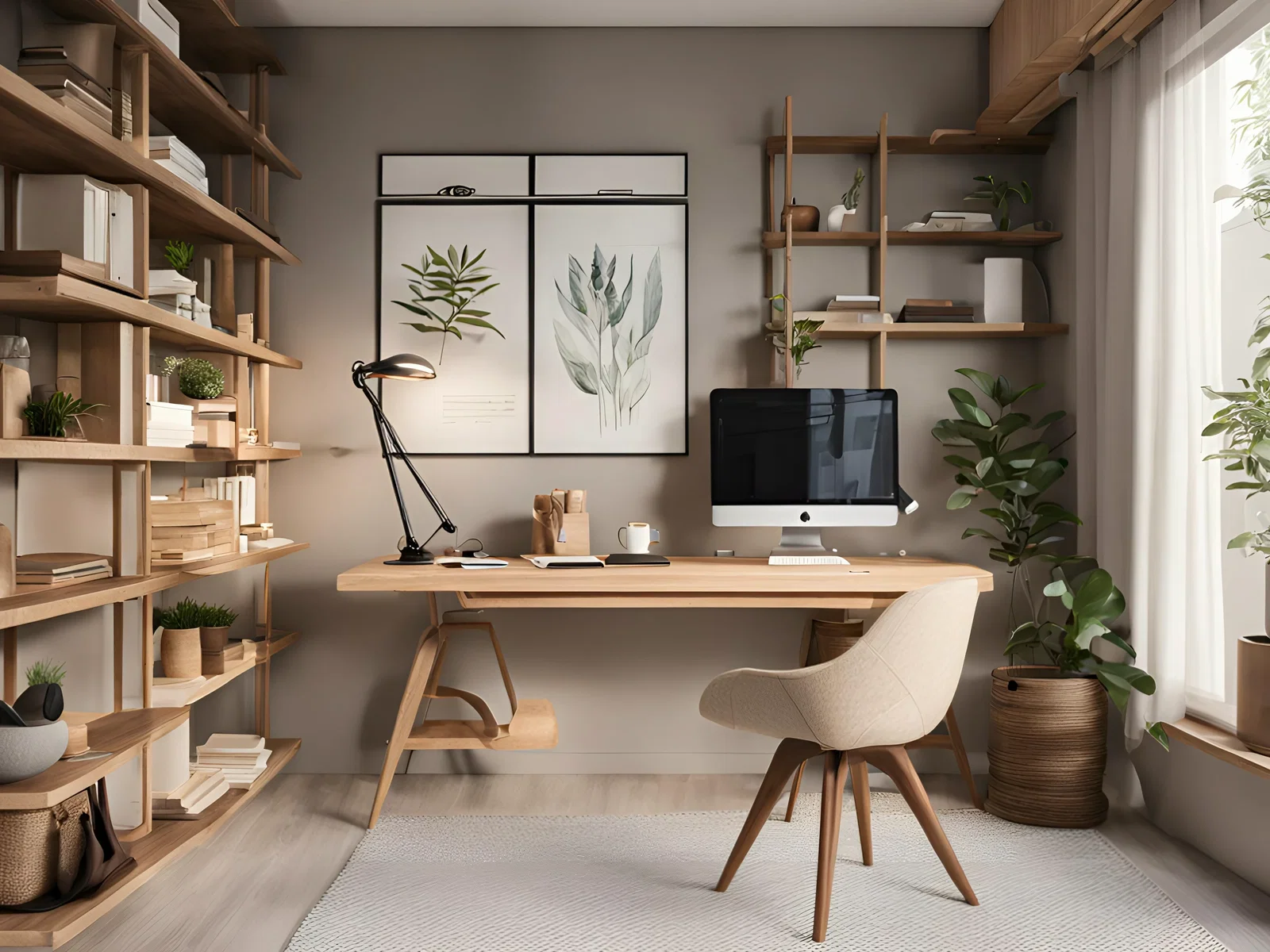 Moderner Holz-Schreibtisch in warmem Ton mit schlanken Beinen und klarer Linienführung, minimalistisches Home-Office-Ambiente
