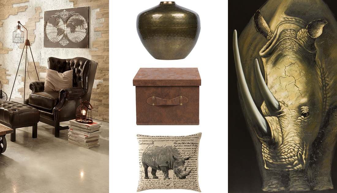 Collage im Kolonialstil: warme, erdige Töne, dunkle Holzmöbel und Rattan-Details, Textilien und dekorative Pflanzen