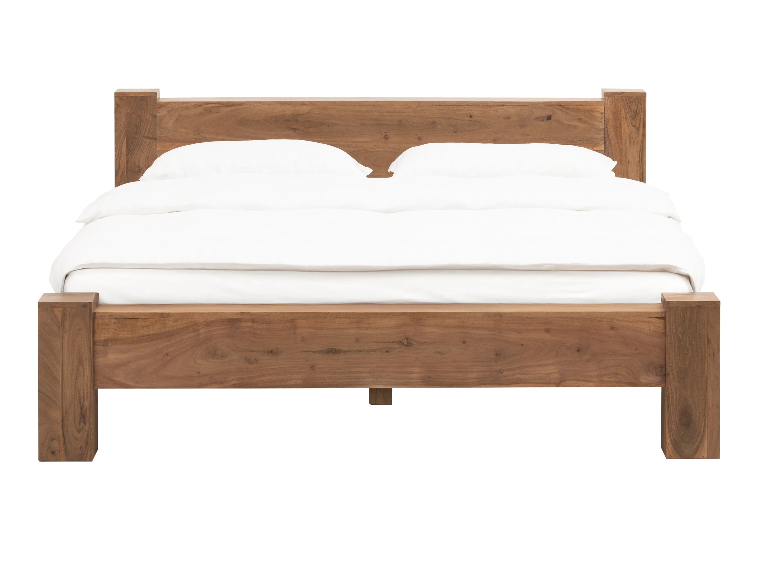 Freisteller Frontansicht: Holzbett Osbon aus lackierter Akazie, braun, Liegefläche 200×200 cm, Bodenfreiheit 21 cm