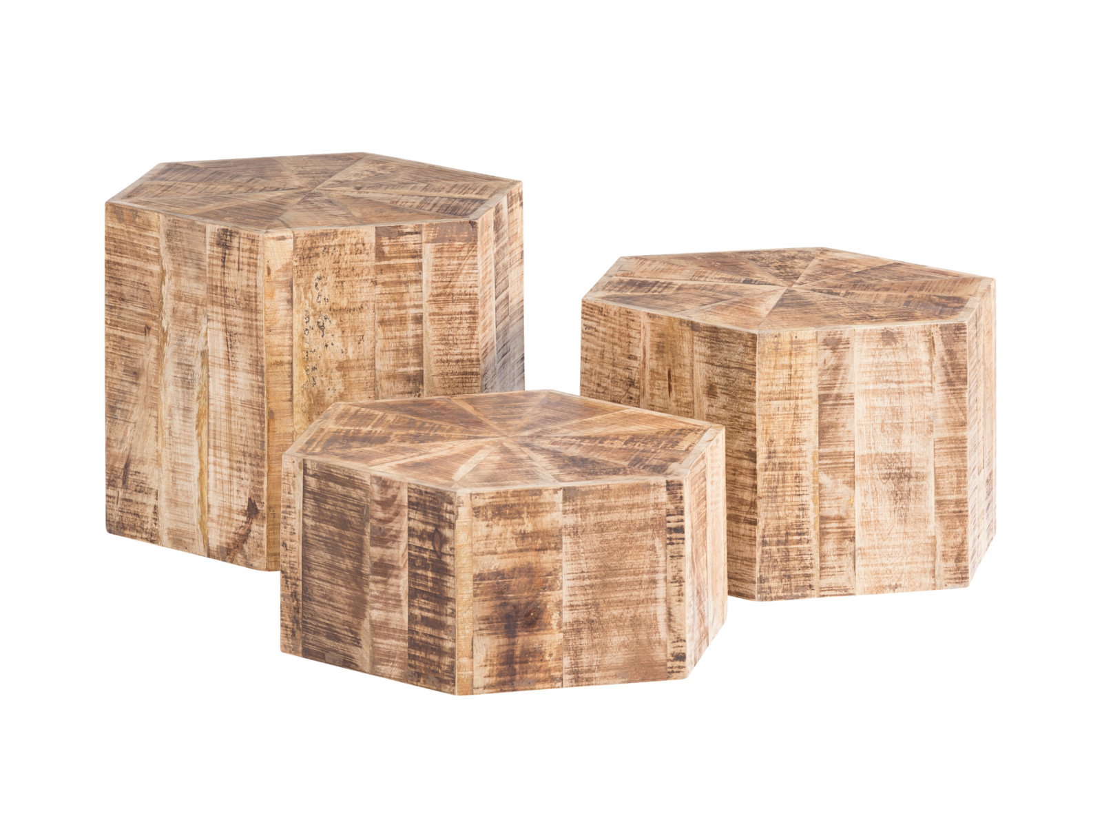 Freisteller 45° Ansicht: Couchtisch Caribou 3er Set – lackierte Mangoholz-Sechseck-Tische in natur, je 50×45×50 cm