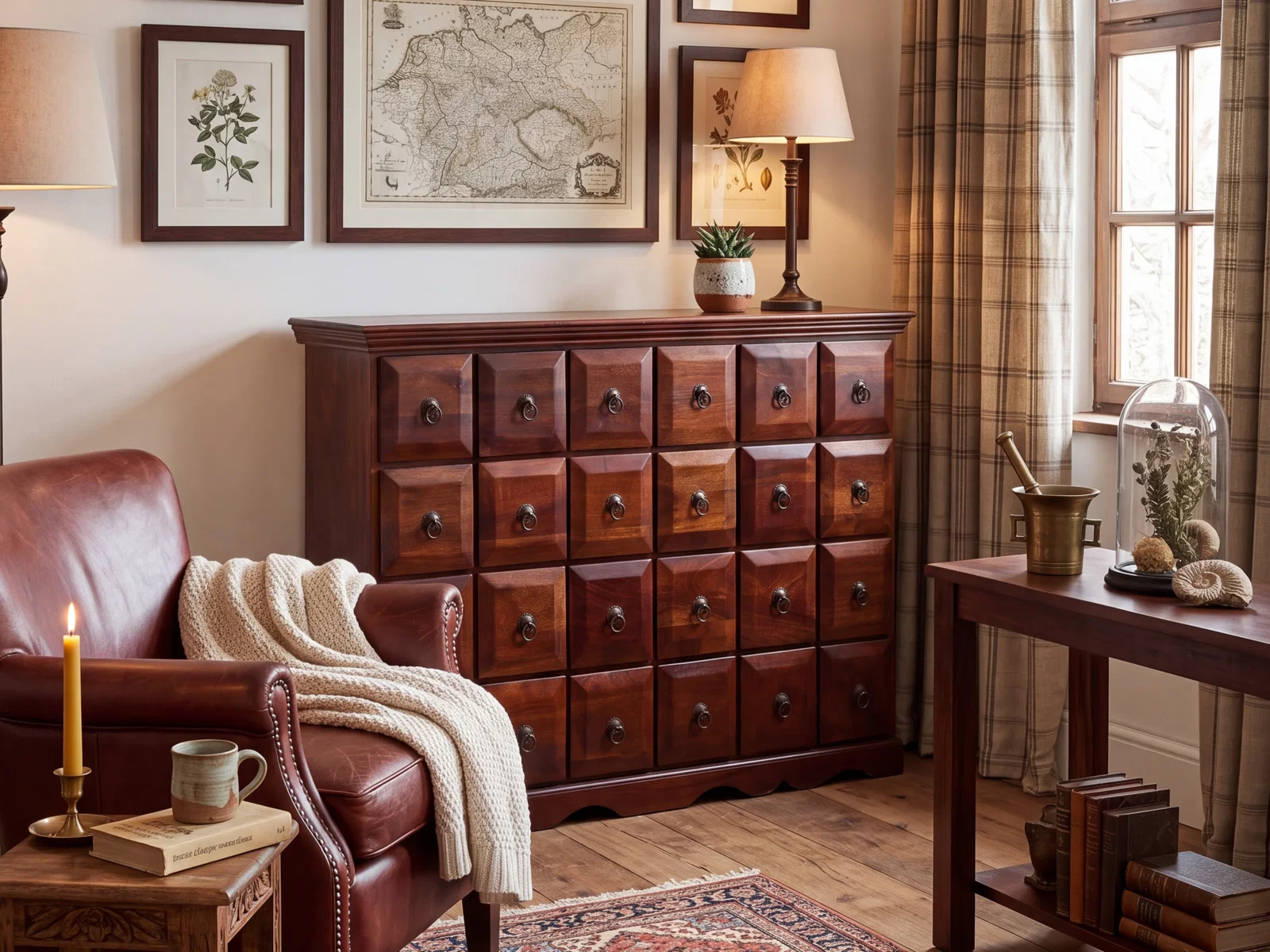 Kommode Texas aus Akazie mit Ledersessel, Orientteppich und klassischer Wanddekoration