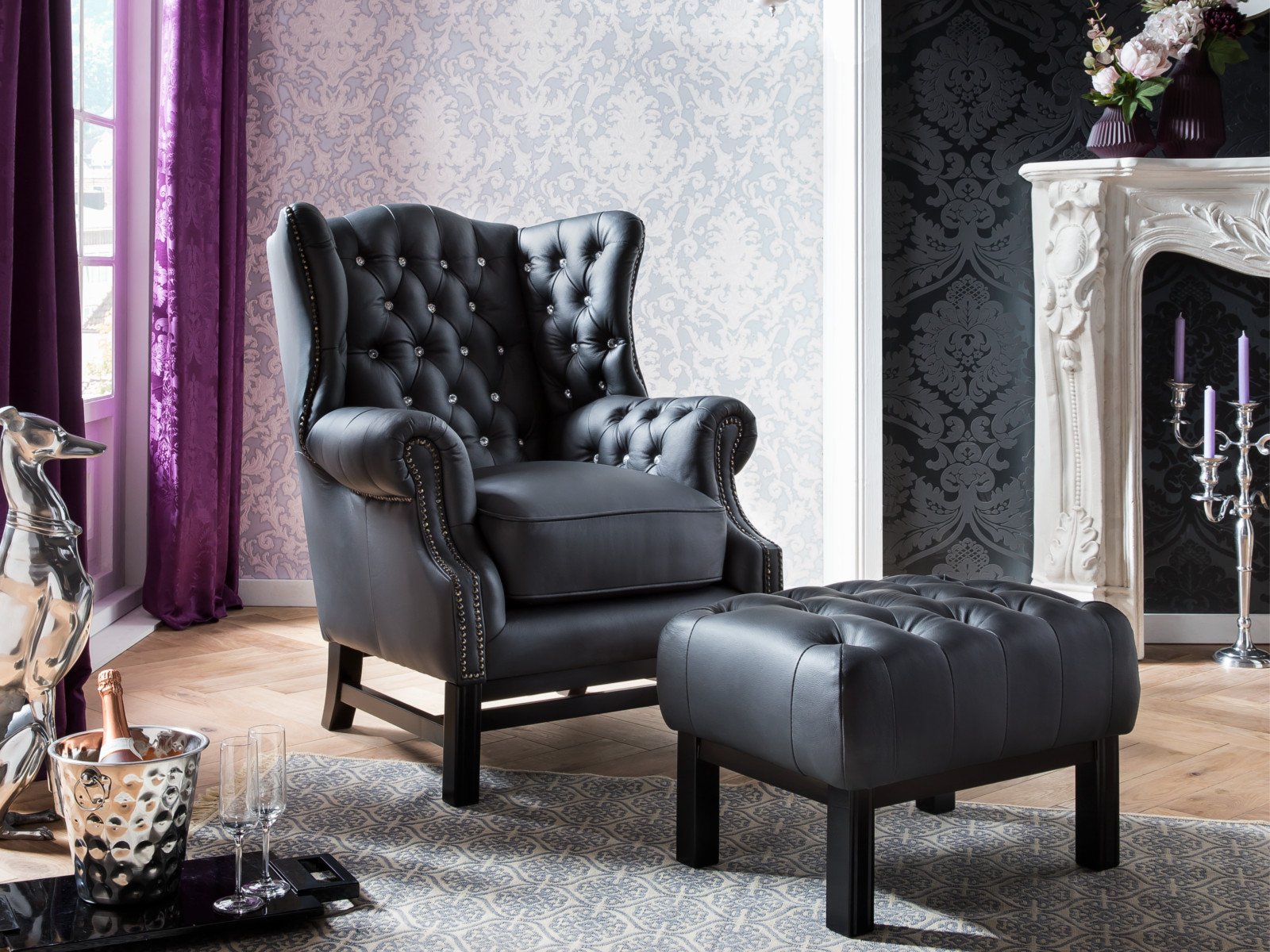 Sessel Chesterfield Kingsfield schwarz Echtleder Strass