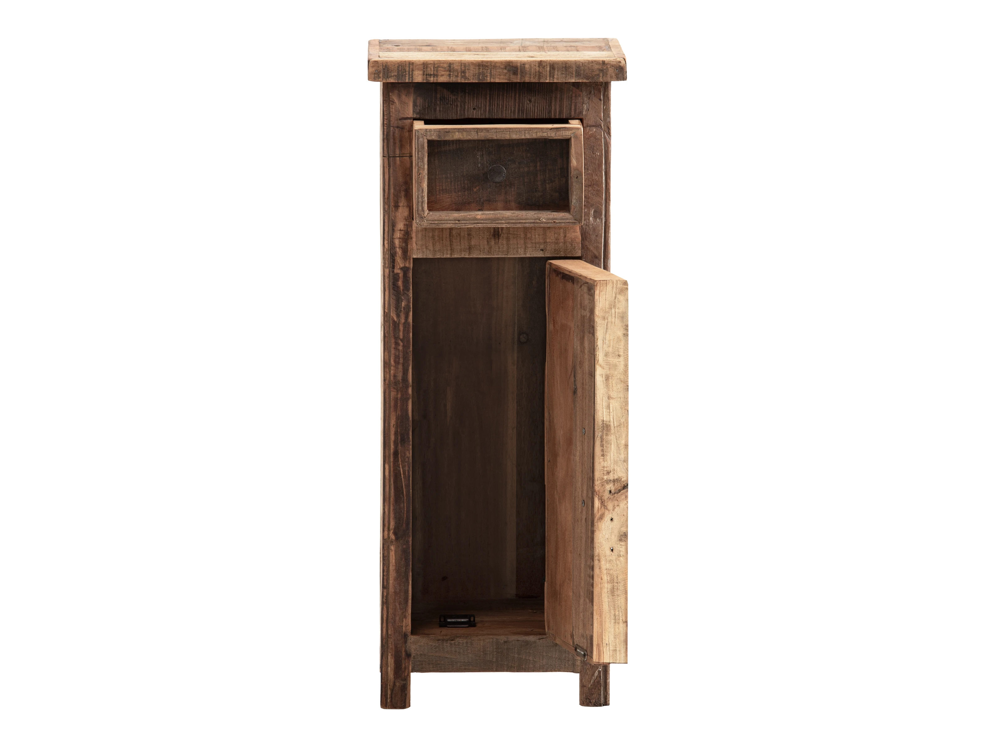 Frontansicht geöffnet: Unterschrank Sumatra 35×90×30 cm Altholz, 1 Schublade, 1 rechts angeschlagene Tür, offenes Innenfach.