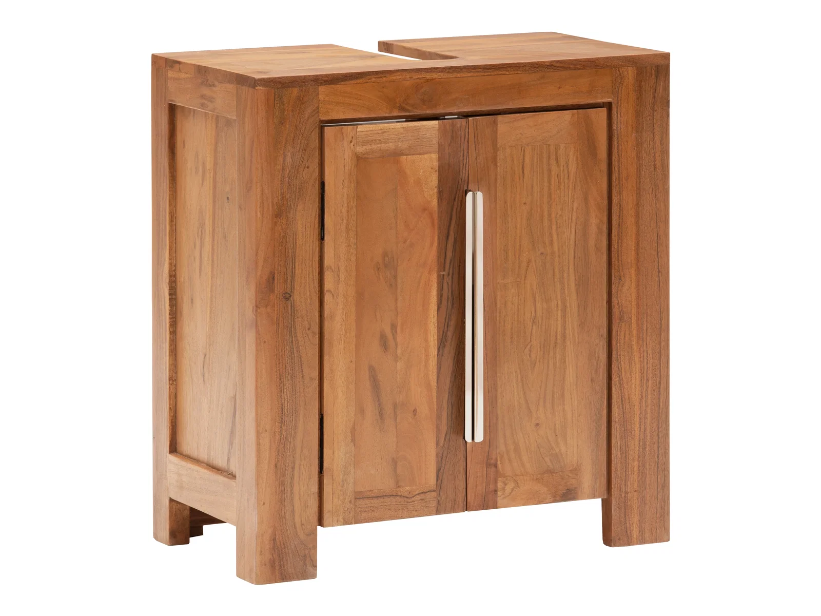 Badset Osbon 5-teilig aus Akazienholz, braun, freigestellt in Frontansicht mit Türgriff aus Silber, modernes Badmöbel-Design