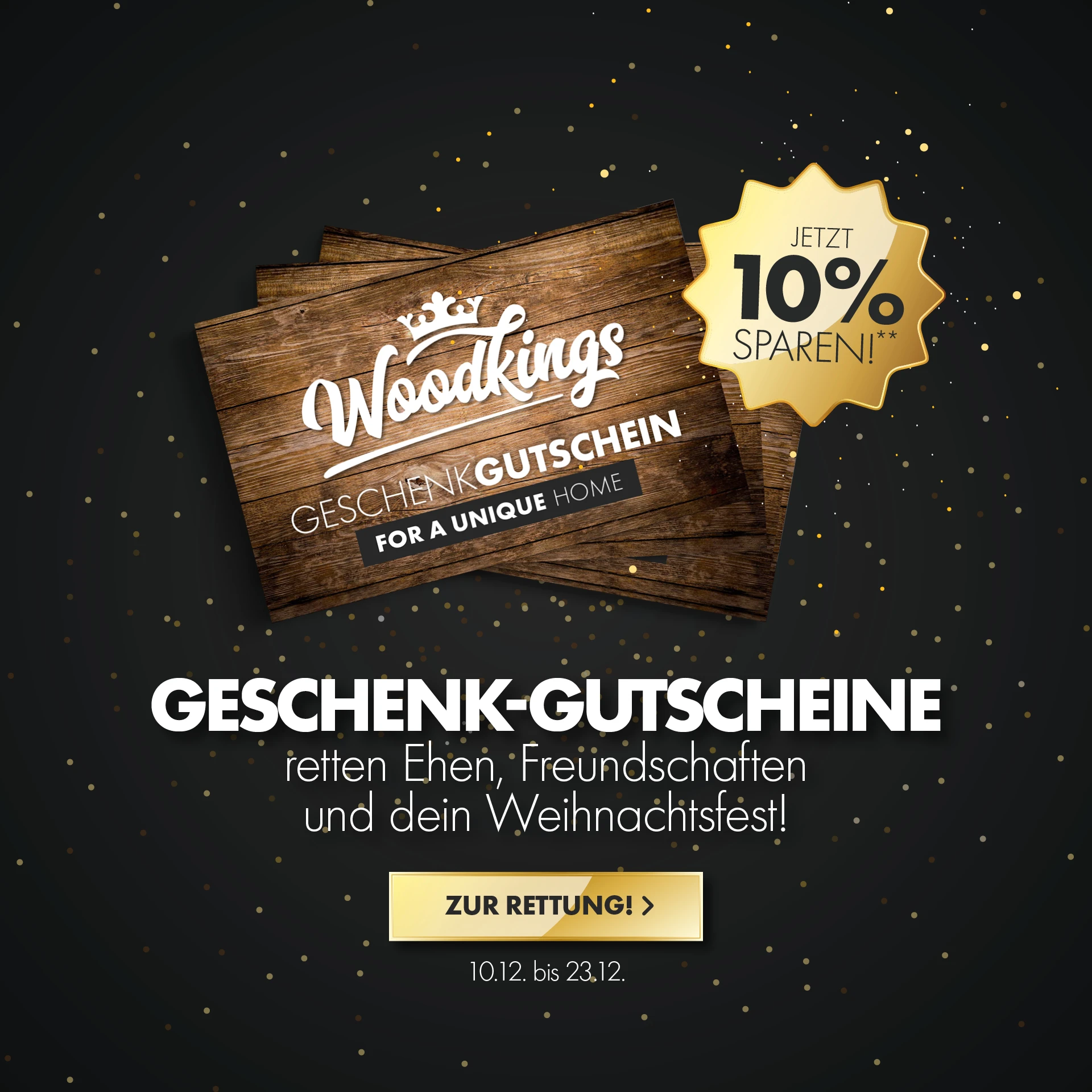 Woodkings Weihnachts-Gutschein 2024, festliches Karten-Layout mit deutlichem Gutschein‑Schriftzug und weihnachtlicher Farbgebung