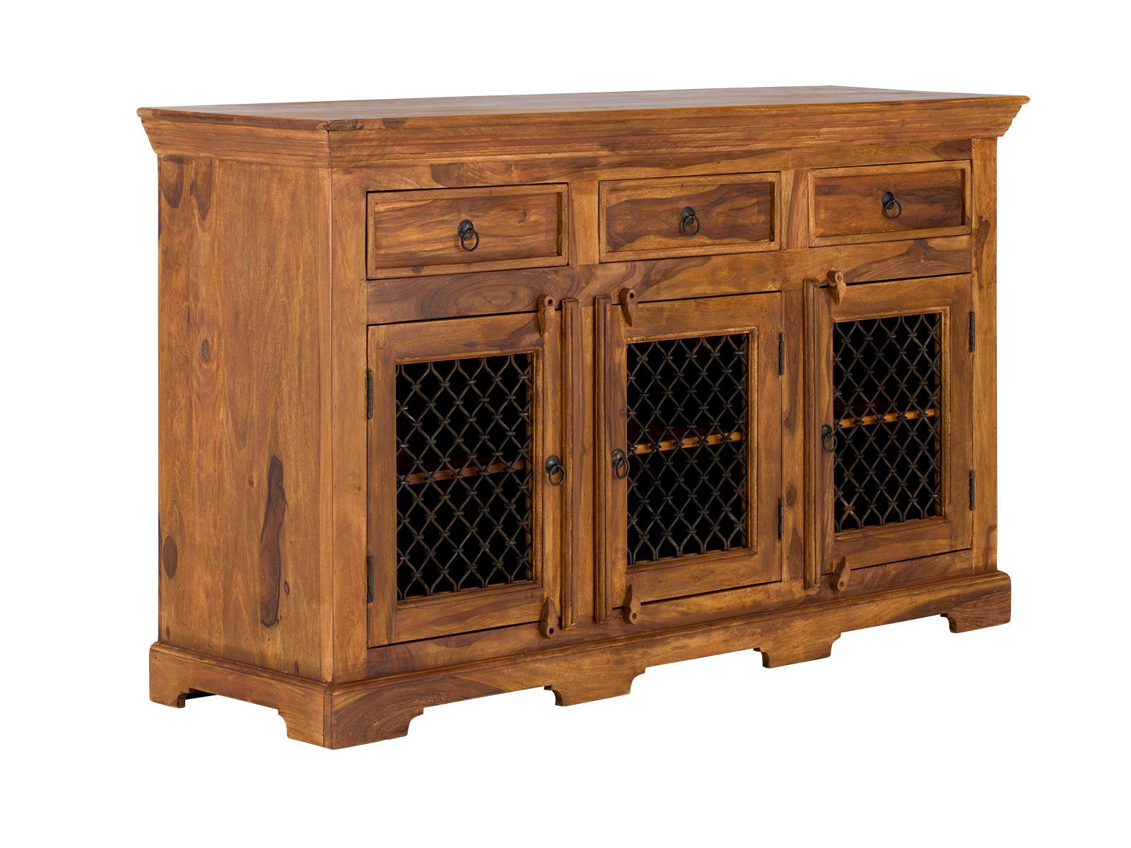 Freisteller: Sideboard Merlino 3-türig aus lackierter Akazie, 148×43×85?cm, 45°-Ansicht, braun, 3 Schubladen und Gittertüren Freisteller: Sideboard Merlino 3-türig aus lackierter Akazie, 148×43×85?cm, 45°-Ansicht, braun, 3 Schubladen und Gittertüren