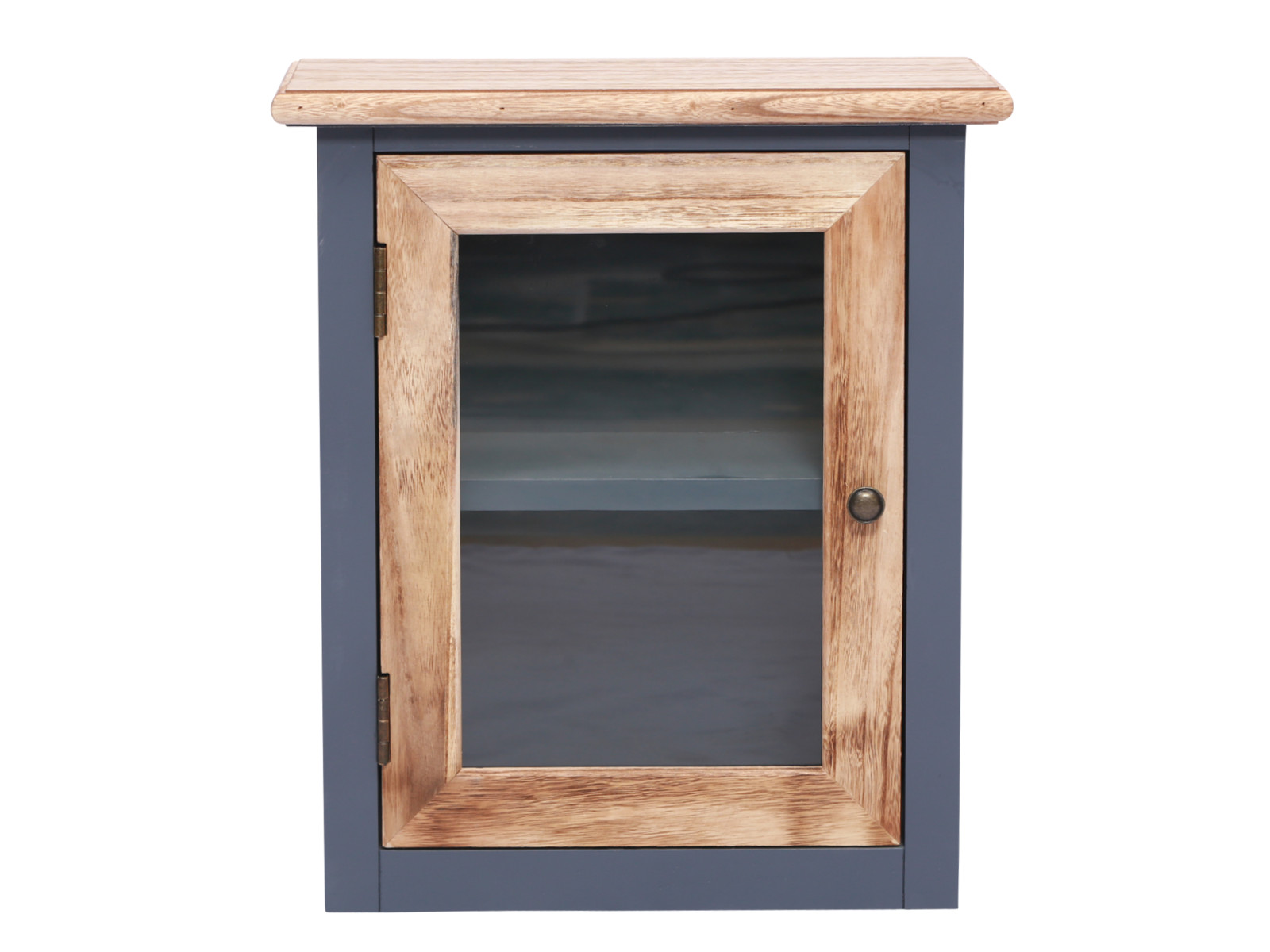 Freisteller-Frontansicht: Bad Hängeschrank Kansas Grau, lackiert Paulownia/MDF, 1 linksseitig angeschlagene Glastür, 45×51×25 cm