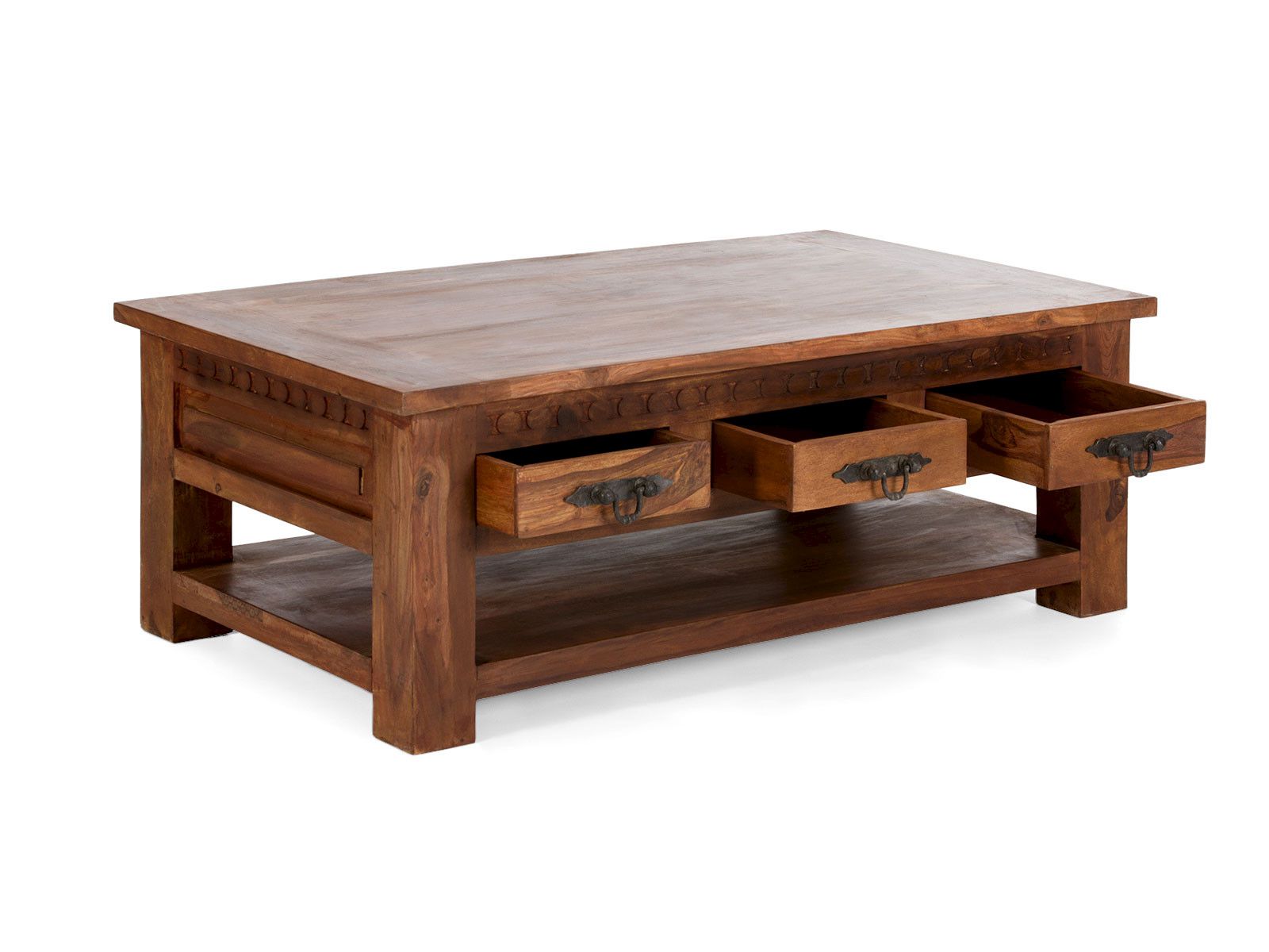 Couchtisch „Merlow Akazie“, lackiertes Akazienholz, 120×45×70 cm, 3 Schubladen, braun – Freisteller-Frontansicht