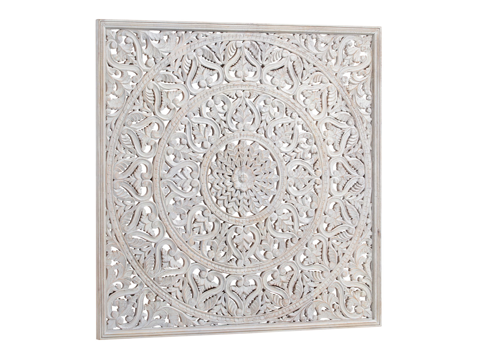 Wandbild Sambesi 150×150 cm – graues Mango-Holz-Panel mit Ornament-Schnitzung. Freisteller 45°-Ansicht, 12 cm tief.