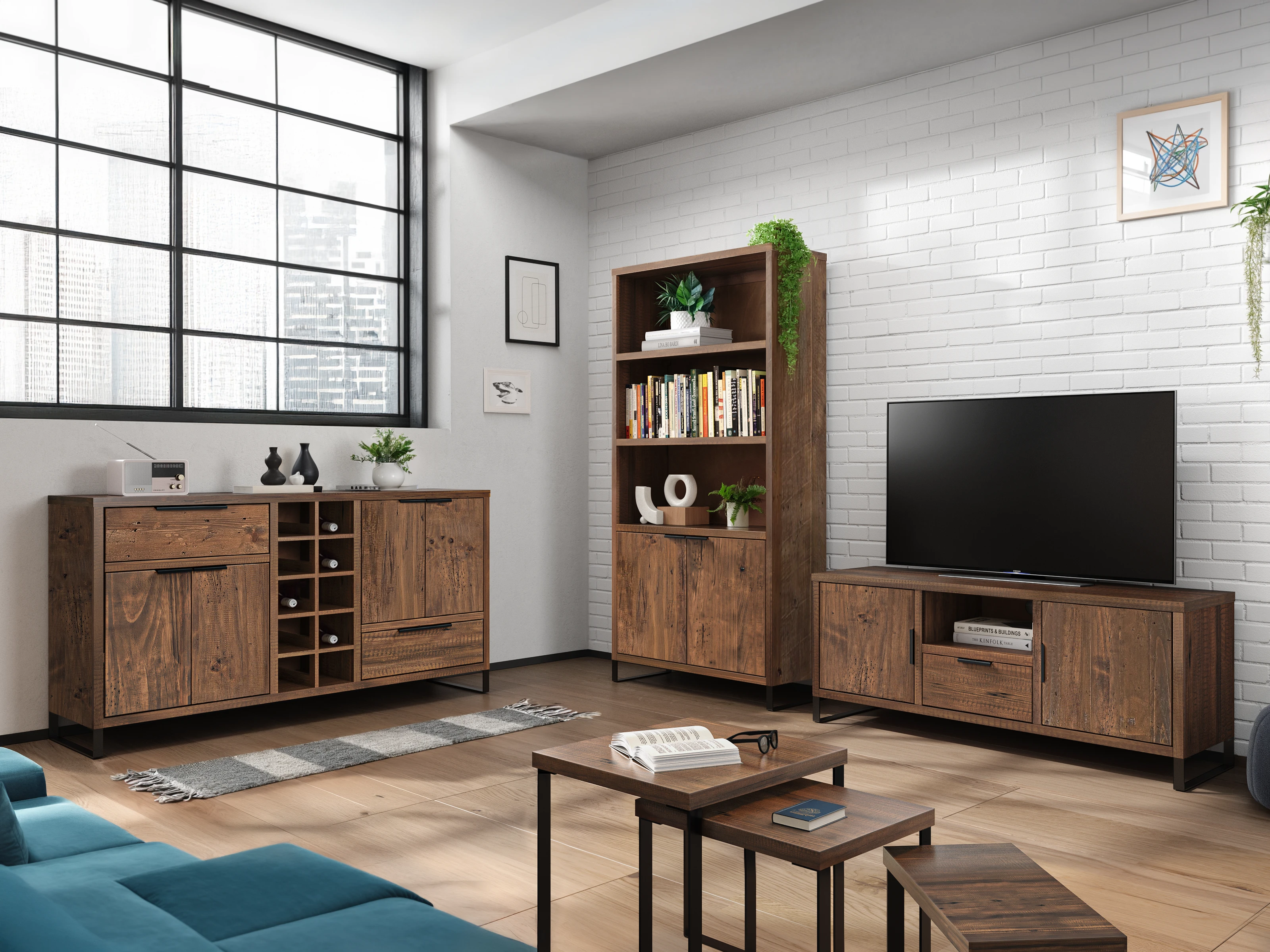 Ambienteaufnahme des braunen Sydney-Möbelstücks in modernem Wohnzimmer mit warmer Farbgebung und Holzakzenten