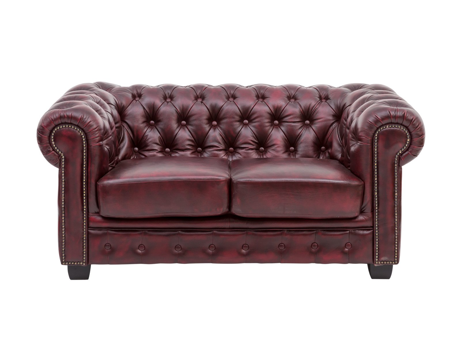 Sofa Chesterfield 2-Sitzer Echtleder rot 155x72x90 Frontansicht