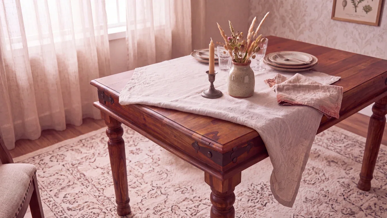 Esstisch Merlow aus Akazie mit heller Tischdecke, Keramik und klassischer Dekoration