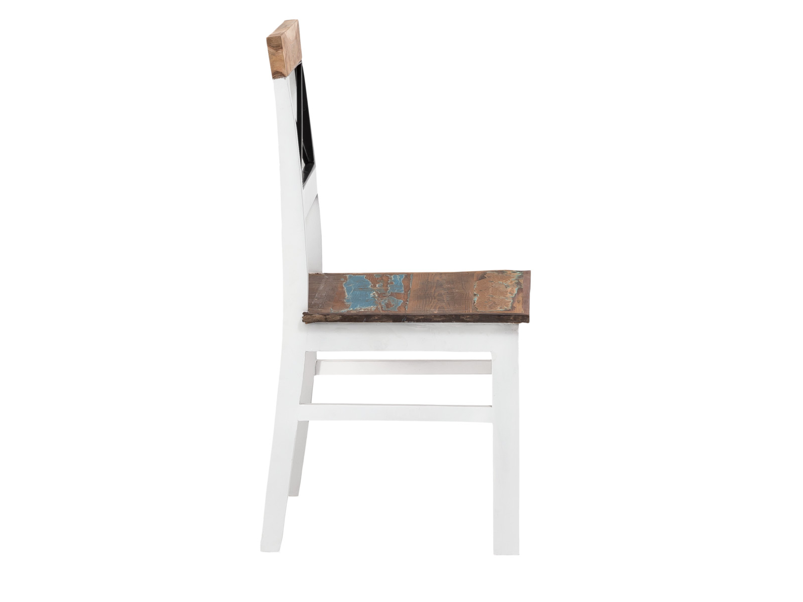 Freisteller-Seitenansicht: Holzstuhl Perth im 2er-Set, weiß lackierter Rahmen und bunte, recycelte Hartholz-Sitzfläche (B45×T52×H90 cm)