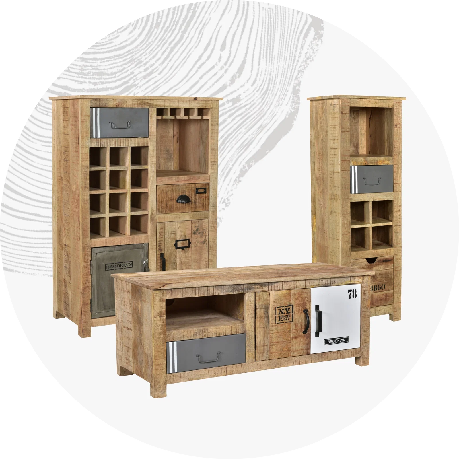 Moderne Holz-Wohnwand mit TV-Zentrum, offenen Regalen und geschlossenen Schränken im Wohnzimmer, warme Holzoptik und dezentes Design