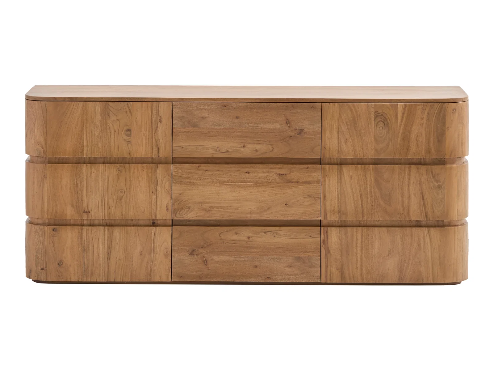 Freisteller Frontansicht: Sideboard Kala aus Akazienholz in Braun, mit 3 Schubladen und 2 Türen, lackierte Oberfläche, modernes Design.
