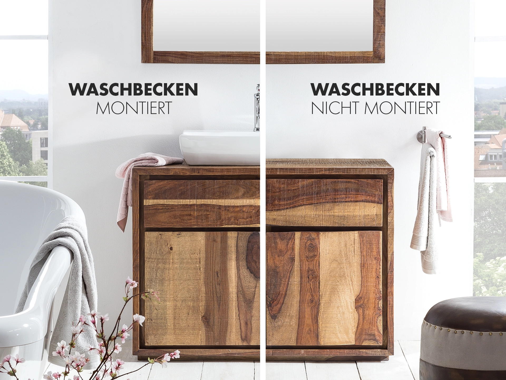 Moderner Holz-Waschtisch mit weißem Aufsatzbecken vor Spiegel, warmes Naturholz, minimalistisches Badezimmer-Ambiente