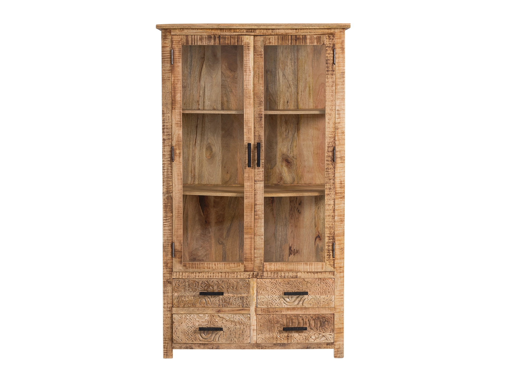 Holz‑Vitrine mit Glasfront, warme Naturtöne und minimalistisches skandinavisches Design für stilvolles Wohnzimmer‑Ambiente