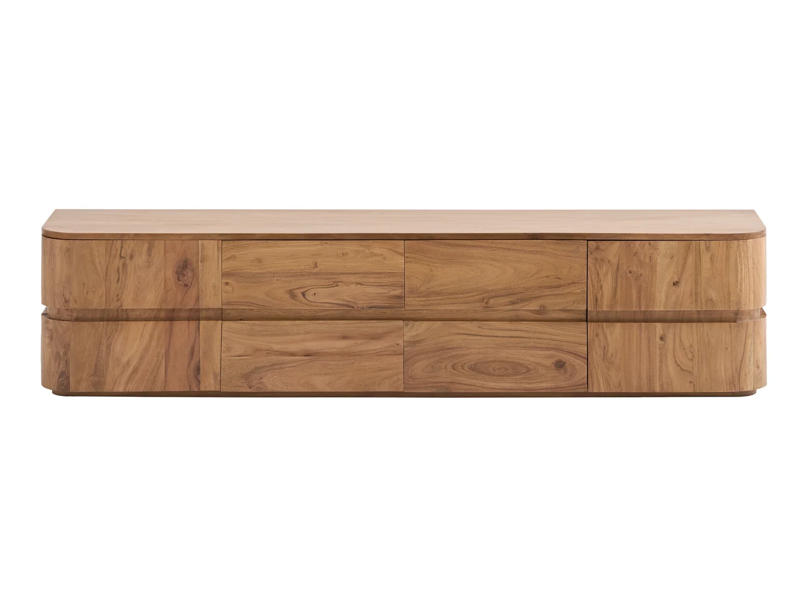 Freisteller Frontansicht des Lowboards Kala aus braunem Akazienholz, lackiert, mit 2 Türen und 4 Schubladen, moderne TV-Kommode auf weißem Hintergrund.