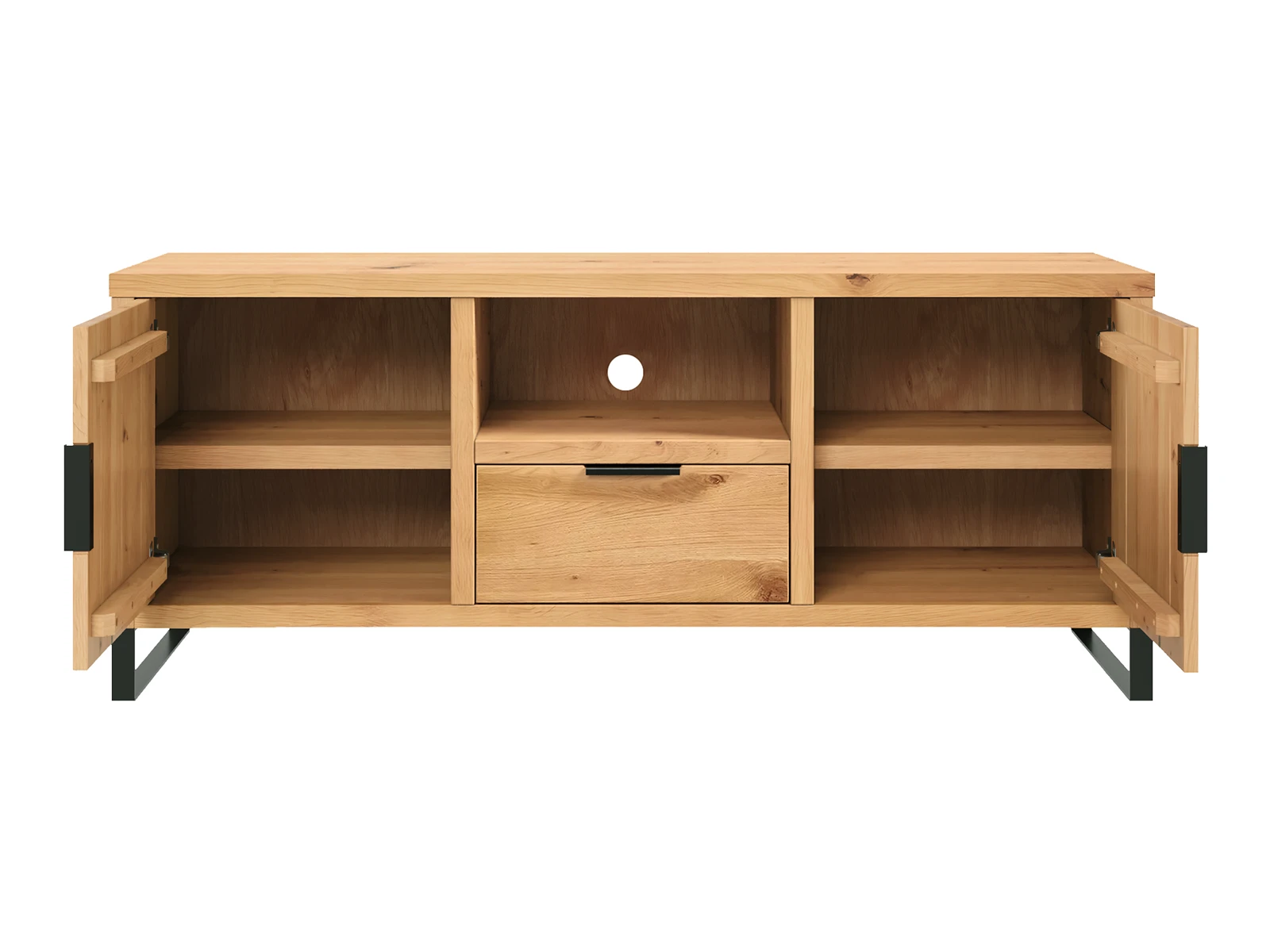 Freisteller Frontansicht geöffnete TV-Bank Sydney Wildeiche, mit 2 Türen, 1 Schublade und offenem Fach mit Kabelöffnung Freisteller Frontansicht geöffnet: geöltes Wildeiche-Sideboard braun mit drei Fächern, Türen & Schublade – TV-Lowboard