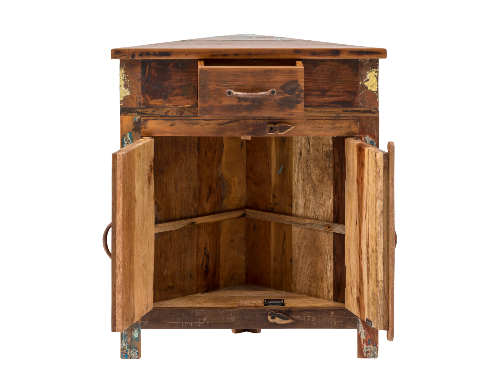 Eckunterschrank Sumana aus recyceltem Hartholz, Freisteller Frontansicht geöffnet mit 1 Schublade und 2 Türen