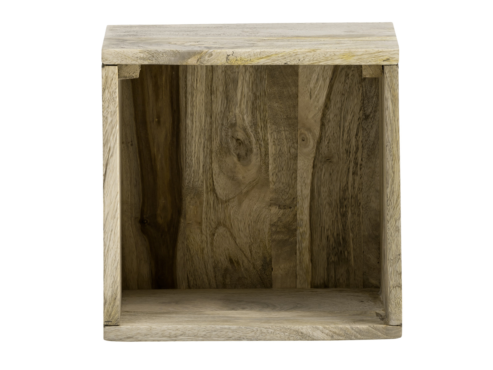 Wandregal Alcudia – Freisteller Frontansicht geöffnet, lackiertes Mangoholz natur, einzelnes offenes Fach, B30×H30×T25 cm