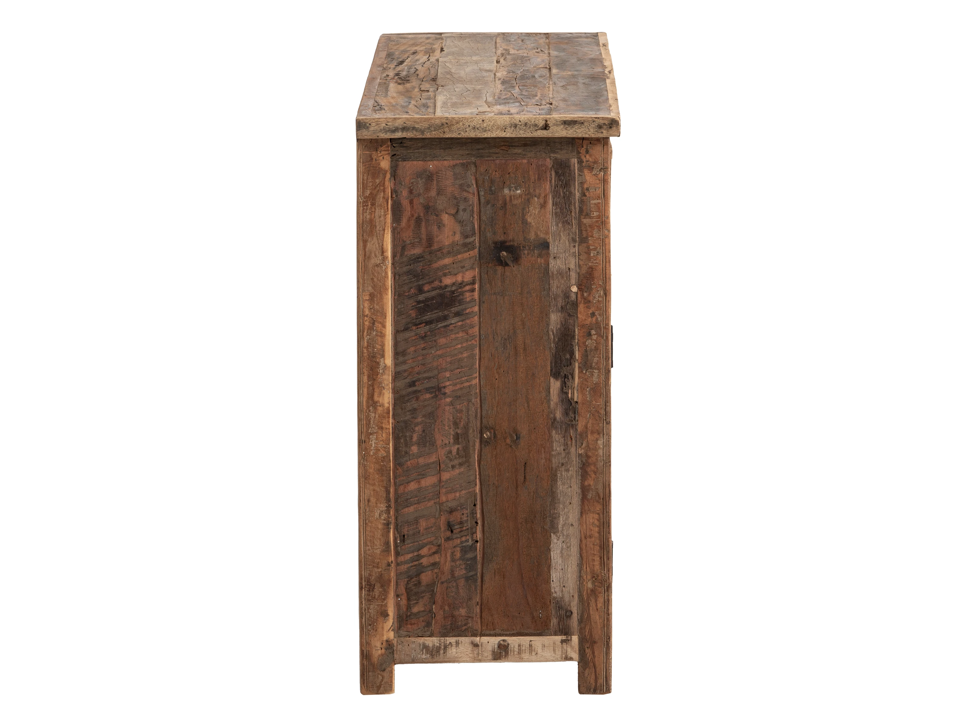 Freisteller-Seitenansicht des Sideboard Sumatra 4-türig aus braunem Altholz, naturbelassene Oberfläche, 147×89×40 cm