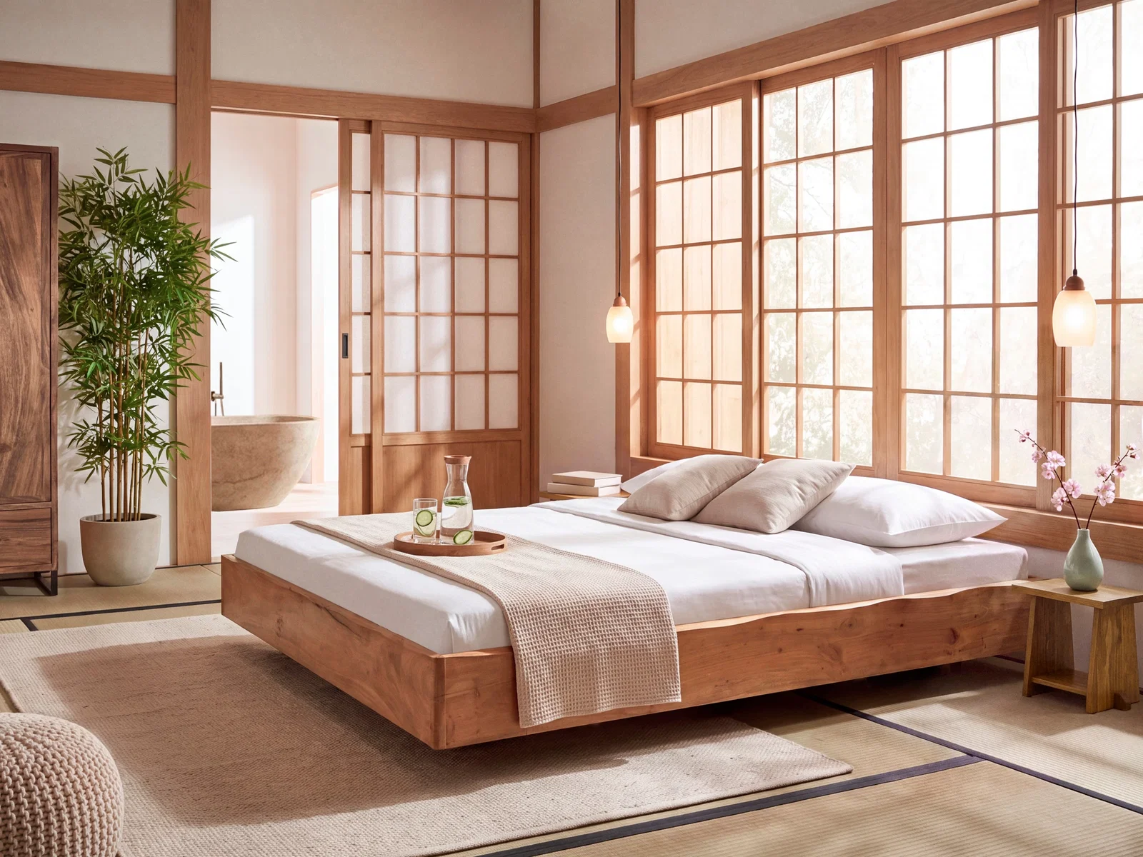Japanisches Schlafzimmer mit niedrigem Akazien-Holzbett, Beistelltisch und Tatami-Optik, Wohnbeispiel in 45-Grad-Ansicht mit lackierter brauner Holzoberfläche