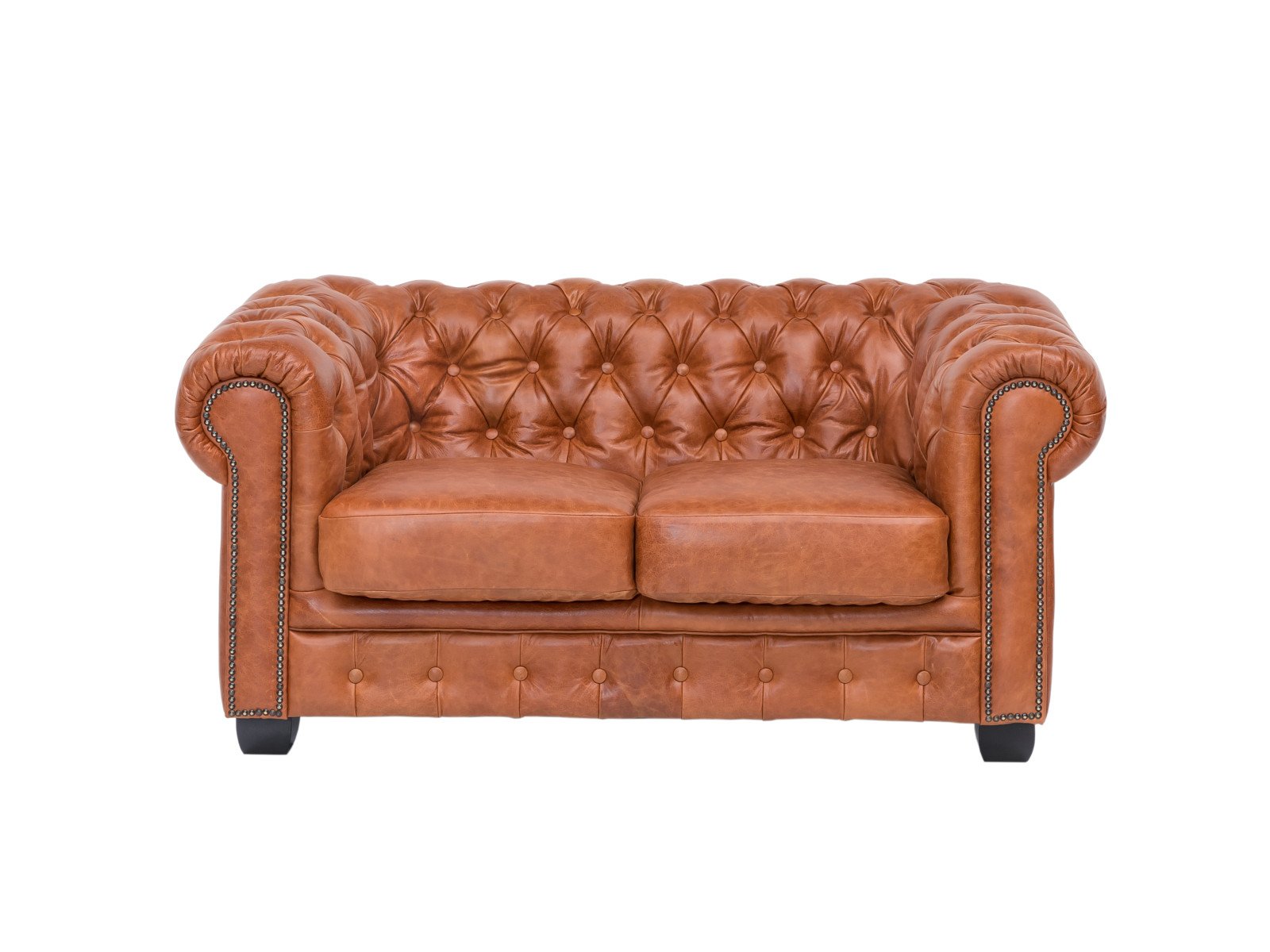 Sofa Chesterfield 2-Sitzer Echtleder vintage cracker 155x72x90 Frontansicht