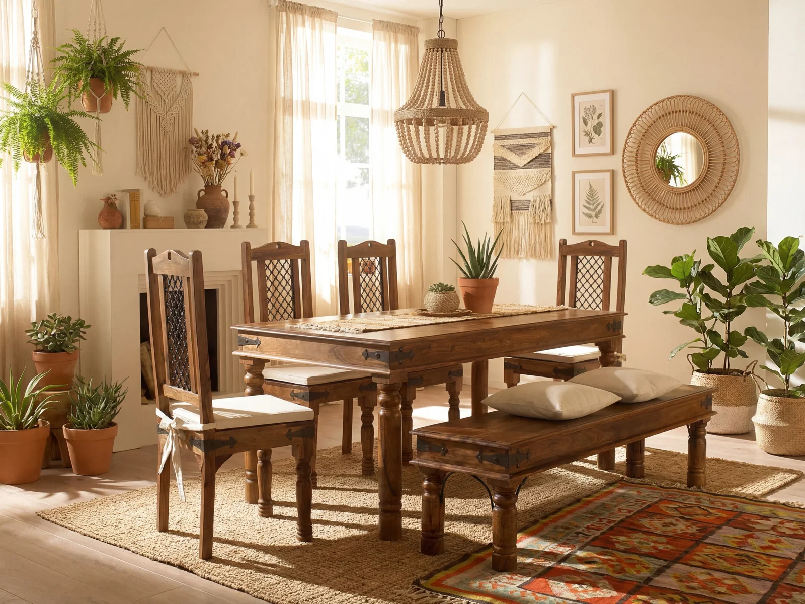 Gemütliche Essgruppe aus Holz mit Bank, Pflanzen und Naturdeko in einem hellen sommerlichen Esszimmer