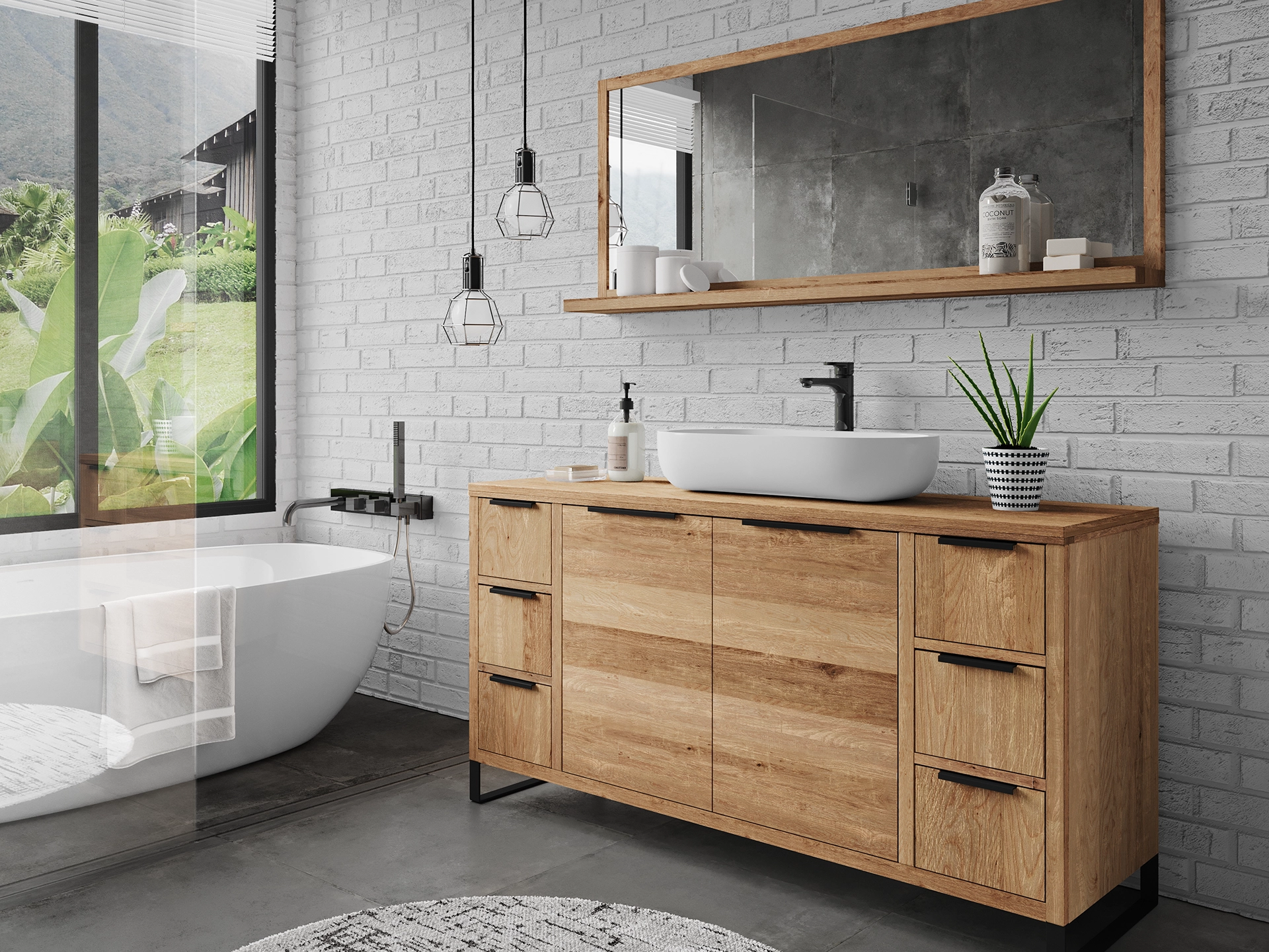 Ambienteaufnahme des Möbelstücks 'Sydney' im modernen Wohnzimmer: dezente Farben, Holzboden, Sofa mit Kissen und Beleuchtung