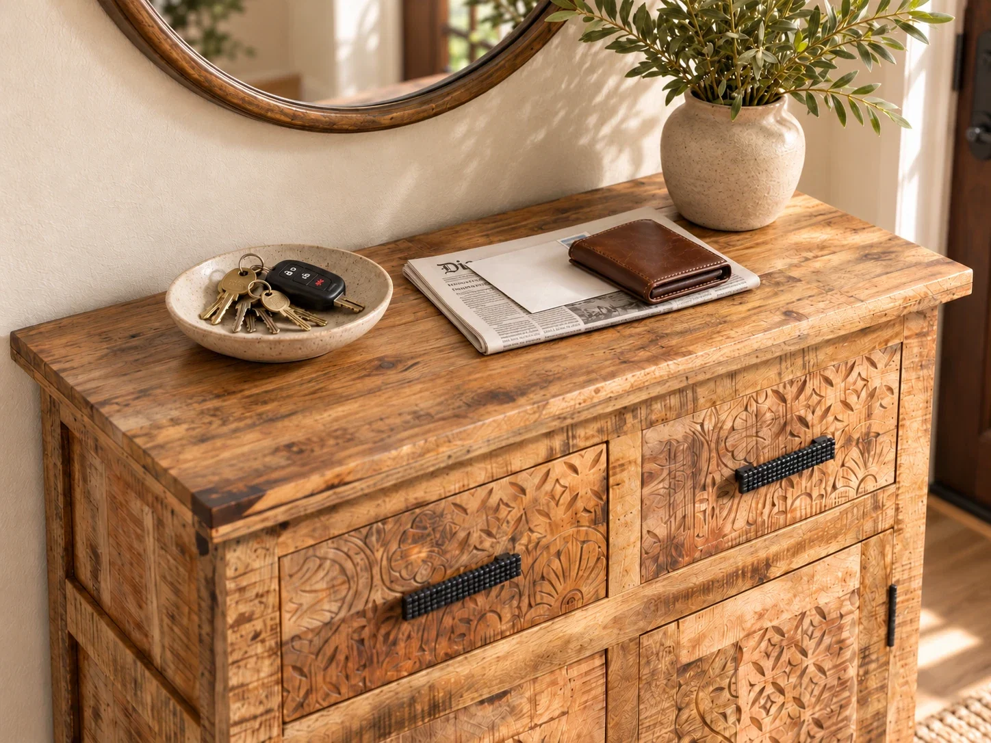 Kommode Mumbai aus Holz im Eingangsbereich mit Schlüsselschale, Zeitung, Briefumschlag und Vase als praktische Ablage