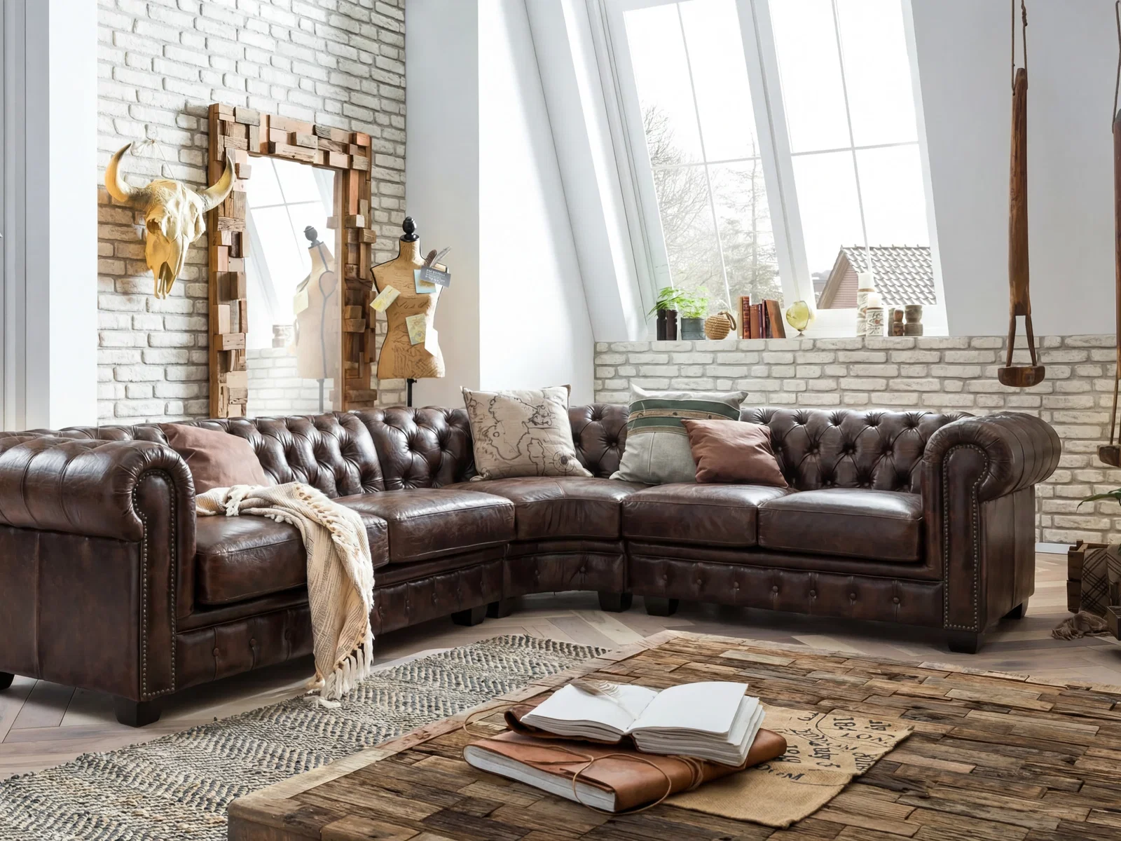 Ecksofa Chesterfield Echtleder II braun