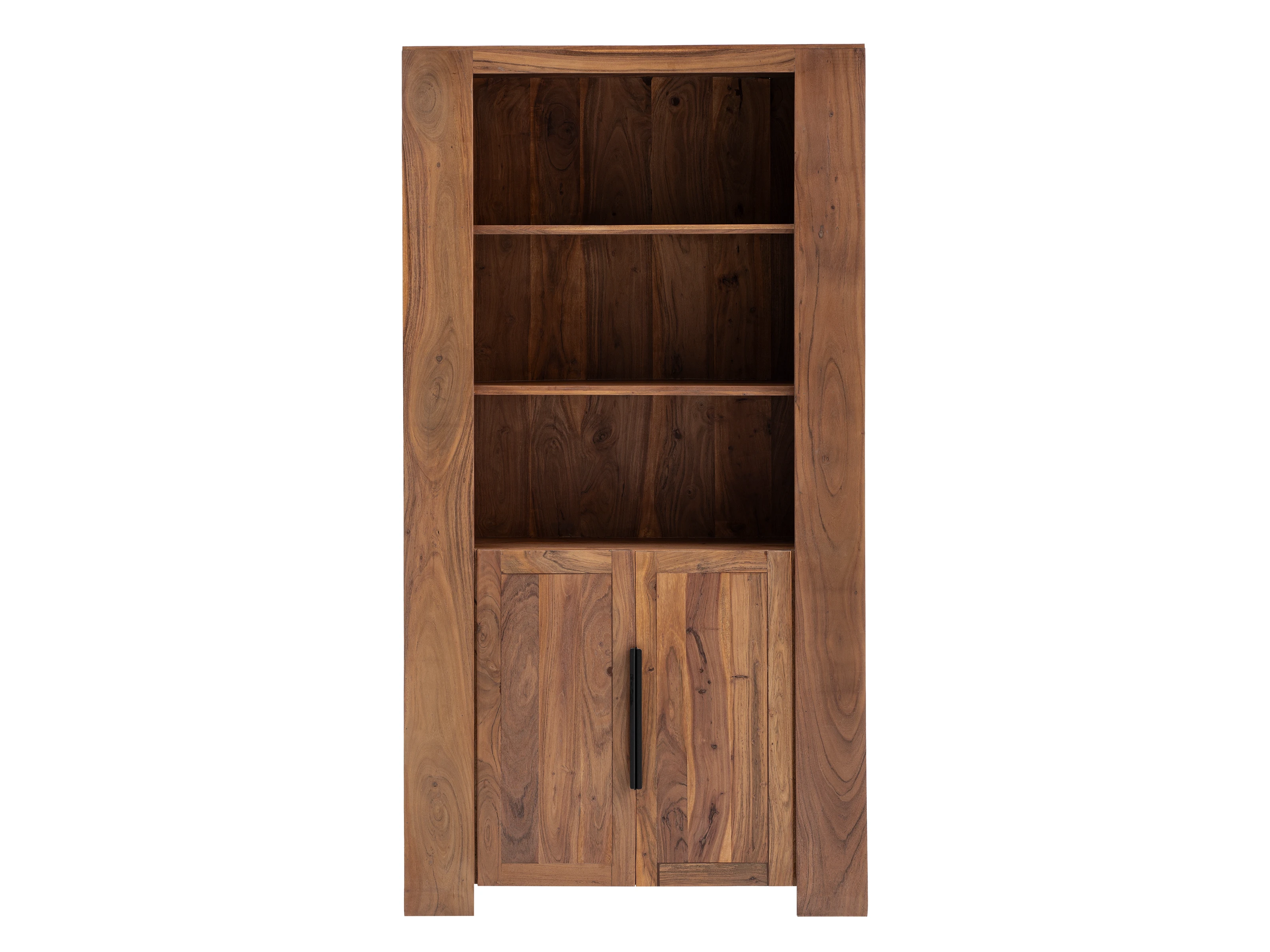 Freisteller Frontansicht Bücherregal Osbon aus lackierter Akazie (B100×H190×T40cm) mit 3 offenen Fächern und 2 Türen, braun Freisteller Frontansicht Bücherregal Osbon aus lackierter Akazie (B100×H190×T40cm) mit 3 offenen Fächern und 2 Türen, braun