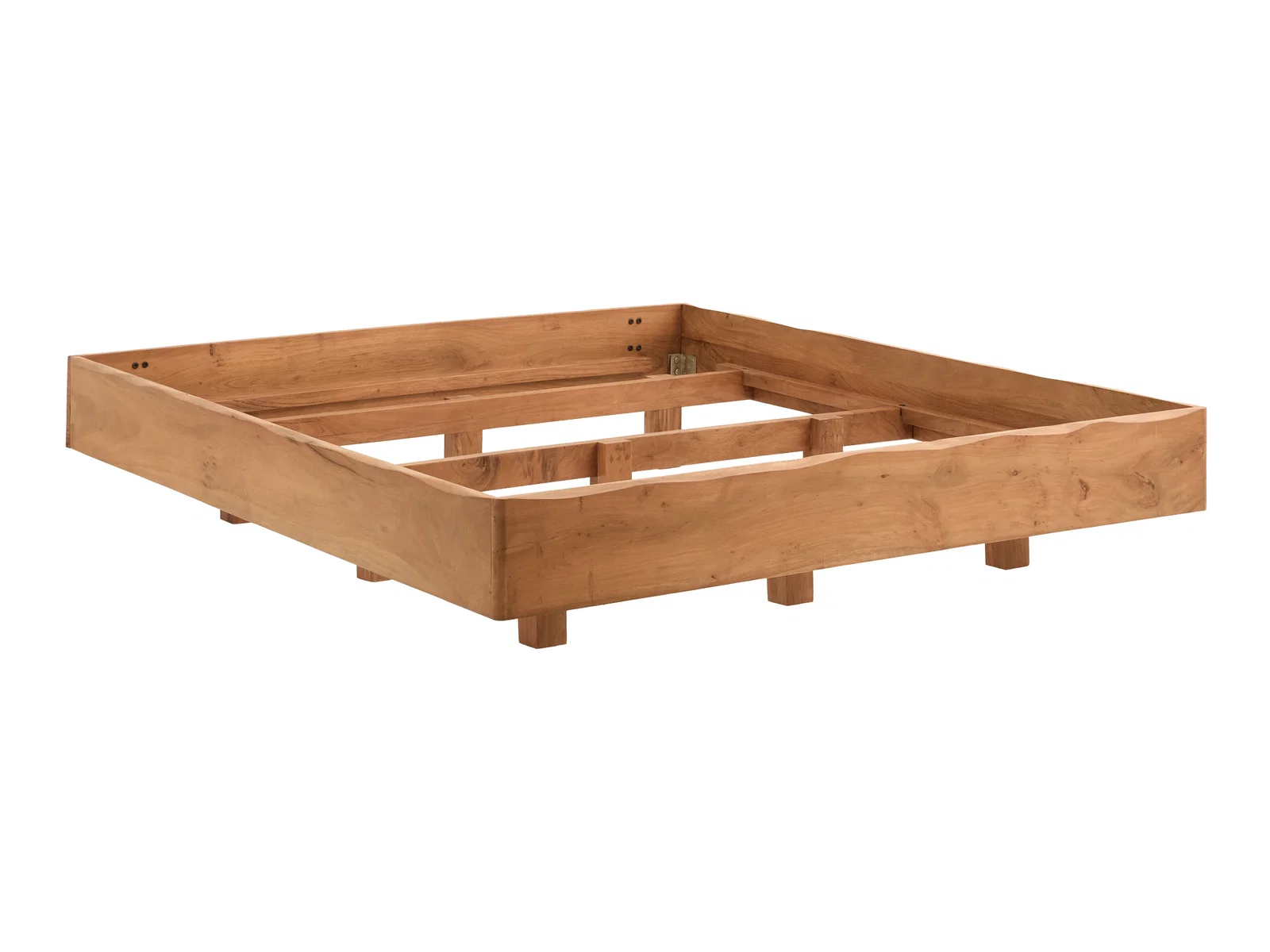 Bett Saipan 180x200 Akazie, braunes Holz, Freisteller in 45-Grad-Ansicht mit sichtbarem Rahmen und Bodenfreiheit.
