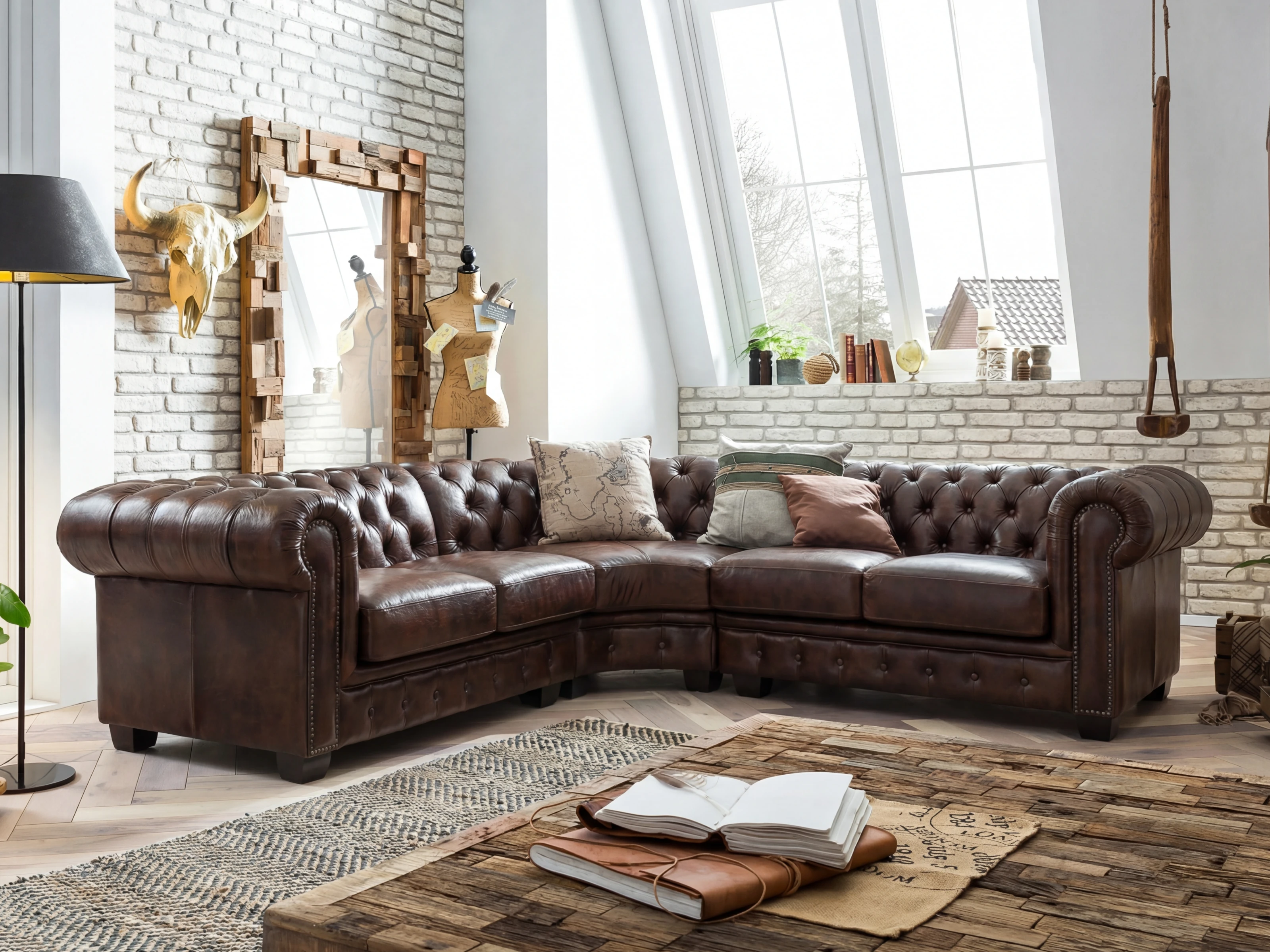Braunes Chesterfield-Ecksofa aus Leder im stilvollen Wohnzimmer-Ambiente, mit Steppung, Zierknöpfen und niedrigen Füßen, neben Couchtisch und Teppich, warmes Licht