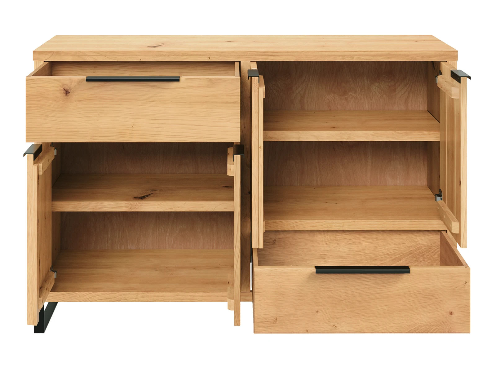 Freisteller-Frontansicht geöffnet: Sideboard Sydney in geölter Wildeiche (126×84×41cm) mit 4 Türen, 2 Schubladen, Einlegeböden Freisteller-Frontansicht geöffnet: Sideboard Sydney in geölter Wildeiche (126×84×41cm) mit 4 Türen, 2 Schubladen, Einlegeböden