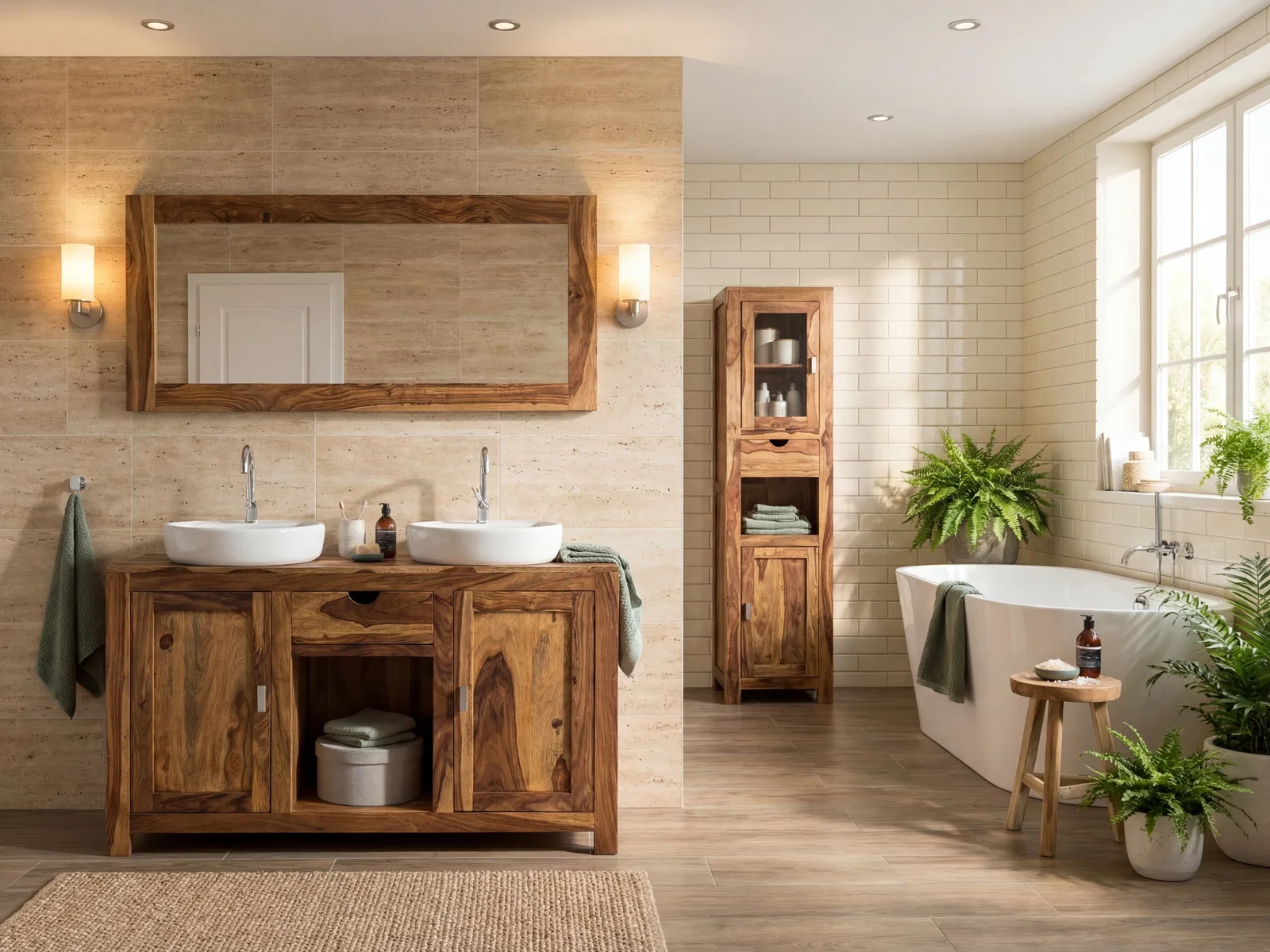 Modernes Badezimmer mit Waschtisch, Spiegel und Hochschrank aus Holz, freistehender Badewanne und natürlichem Ambiente