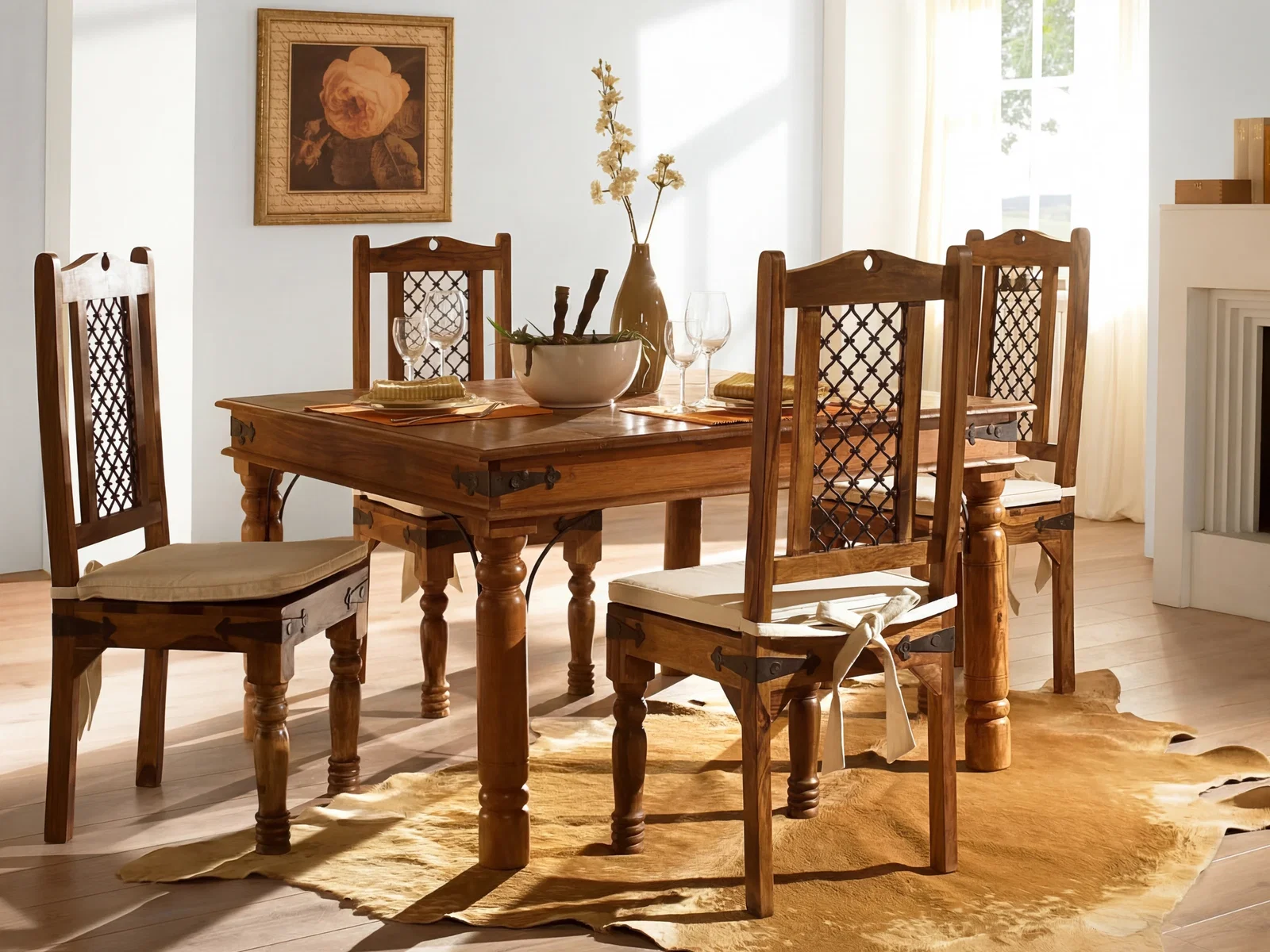 Essgruppe Merlow aus Akazie 148x90 mit 4 Stühlen