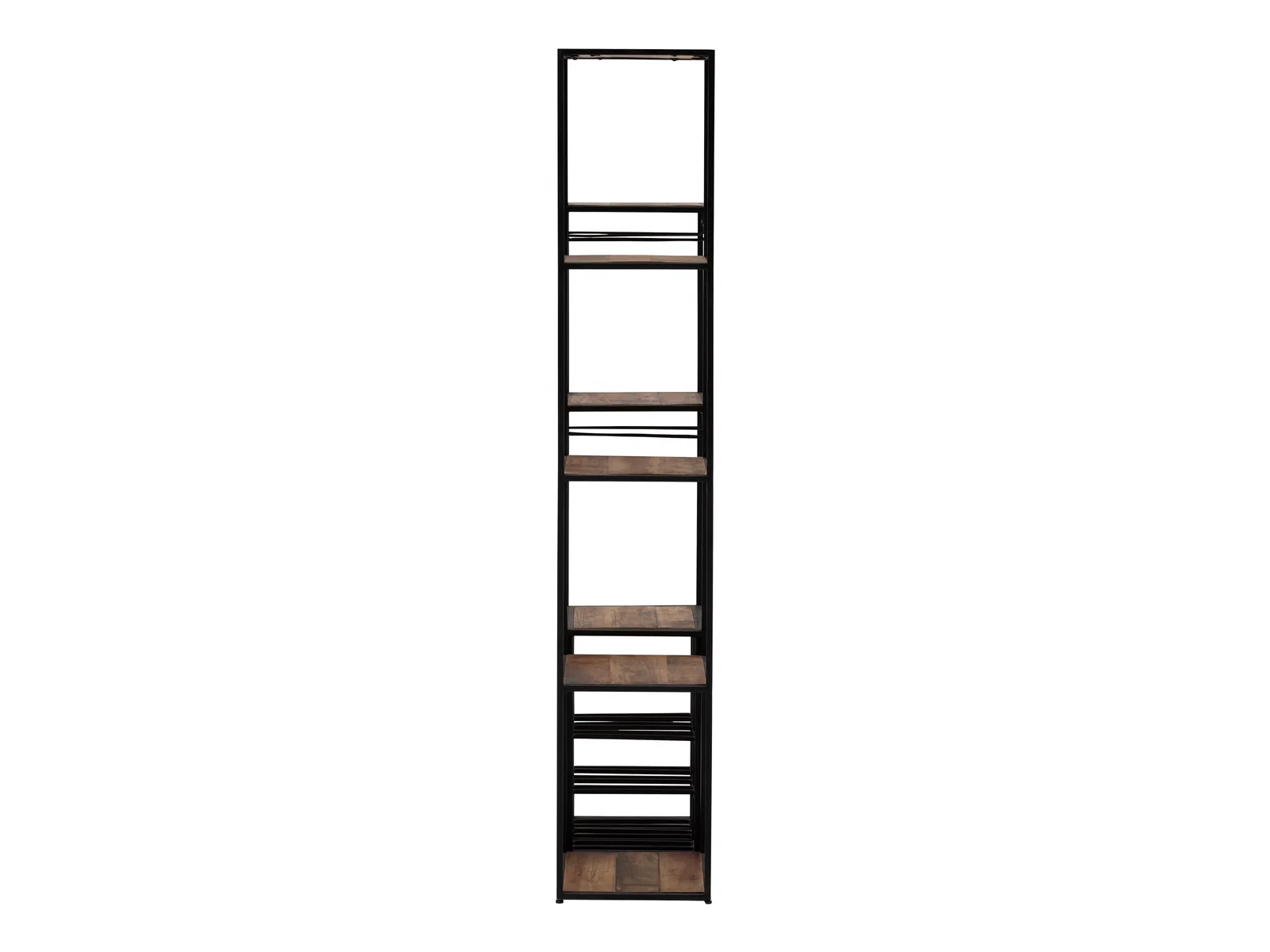 Freisteller Frontansicht: Regal Aro aus lackiertem Metall mit braunen Holzregalböden, B73×H165×T30 cm