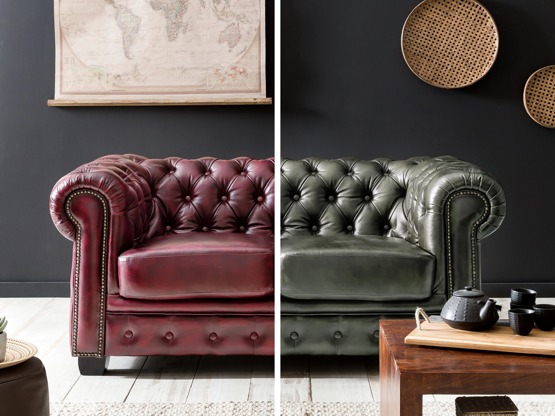 Chesterfield-Ledersofa in Dunkelbraun mit klassischer geknöpfter Polsterung, sichtbaren Holzfüßen, elegantes Vintage-Ambiente