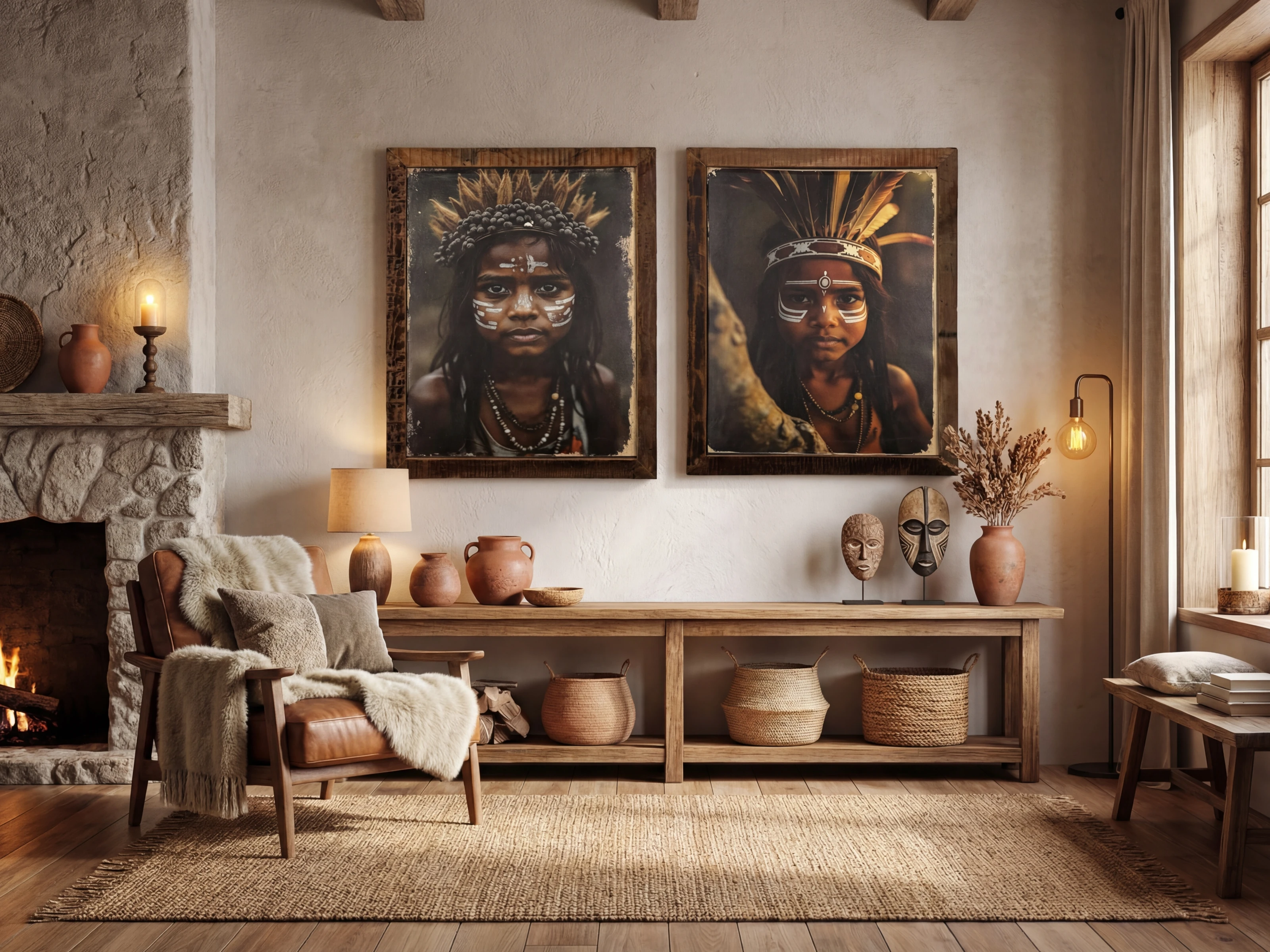 Wohnbeispiel-Frontansicht: zwei rechteckige Altholz-Canvas-Wandbilder „Spirit of Earth“ 70×90 cm über Holzkonsole im Wohnzimmer.