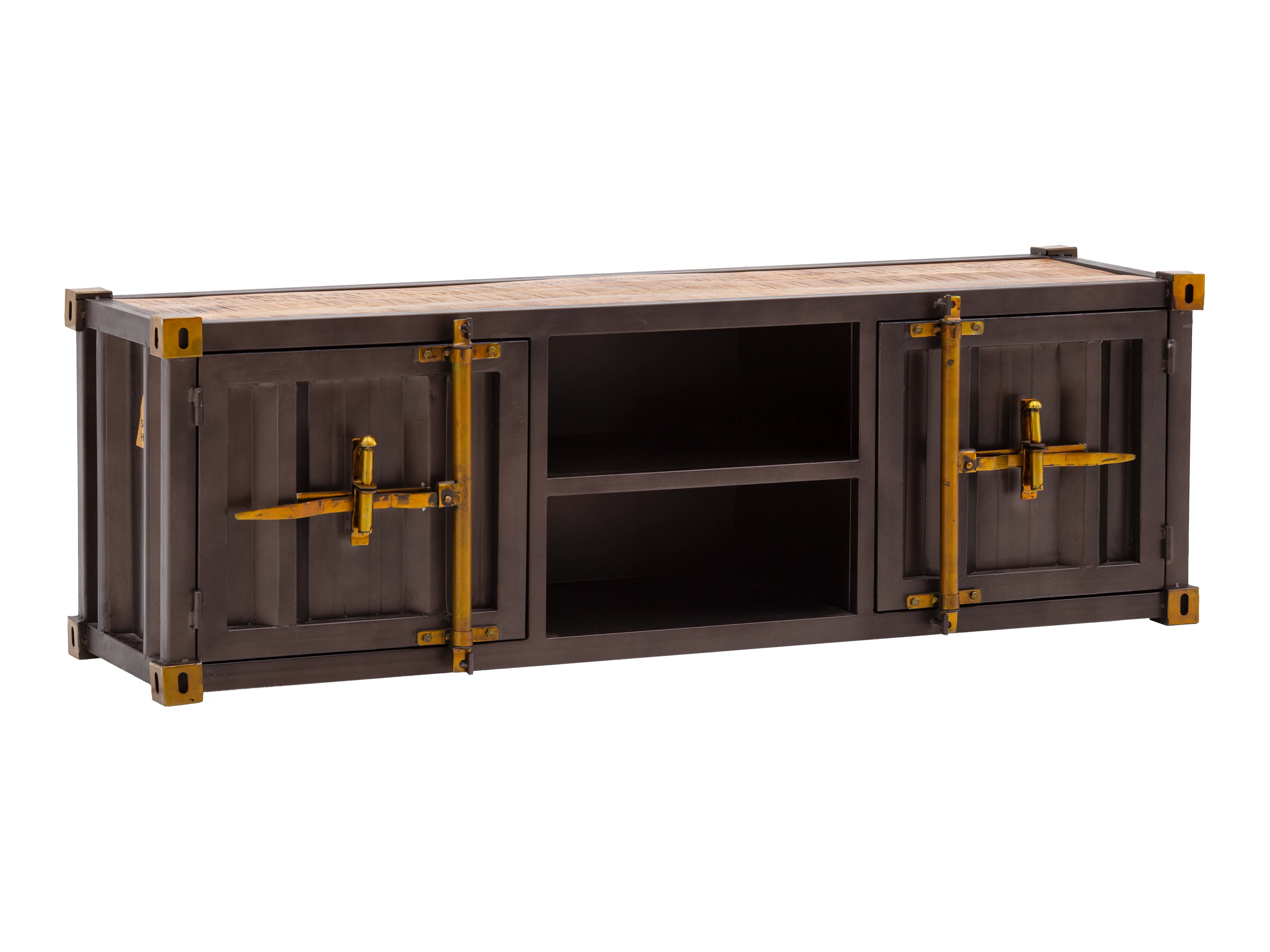 TV-Bank Cargon Freisteller Frontansicht: braune Mangoholz-Metall TV-Bank mit 2 Türen, 2 offenen Fächern, lackiert. TV-Bank Cargon Freisteller Frontansicht: braune Mangoholz-Metall TV-Bank mit 2 Türen, 2 offenen Fächern, lackiert.