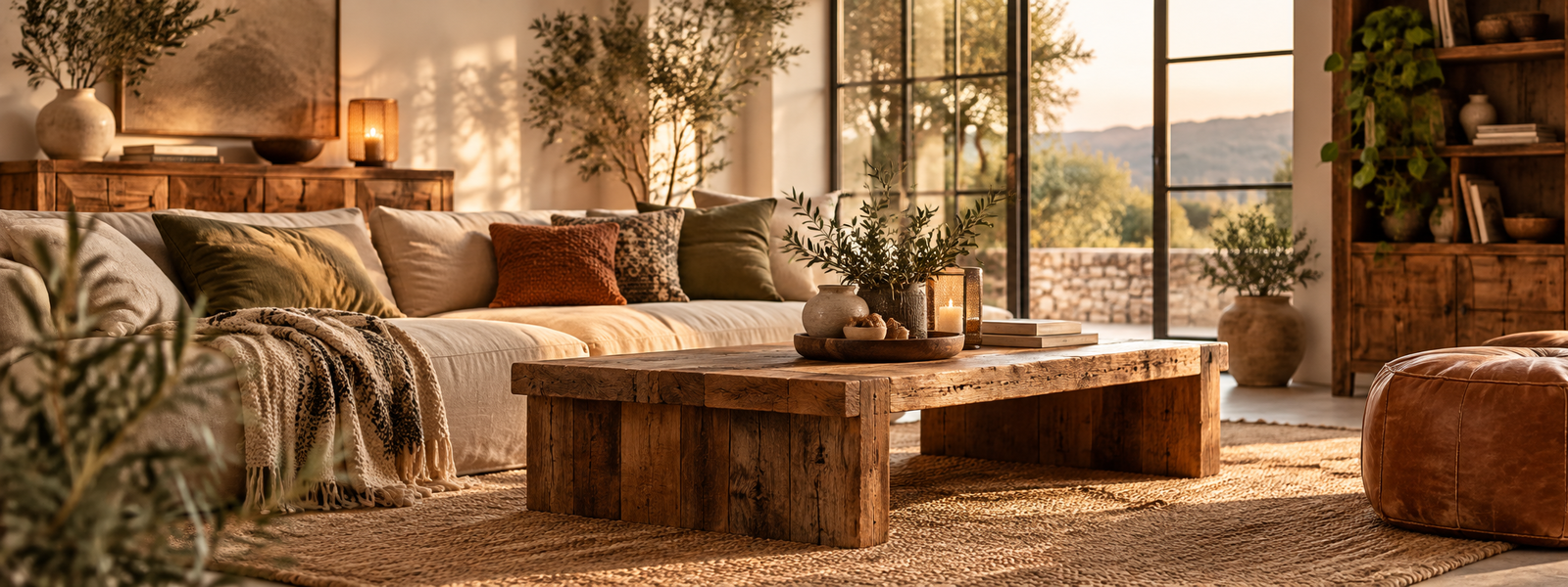 Wohnliches Wohnzimmer mit hellem Sofa, rustikalem Holztisch, Naturmaterialien und warmem Sonnenlicht