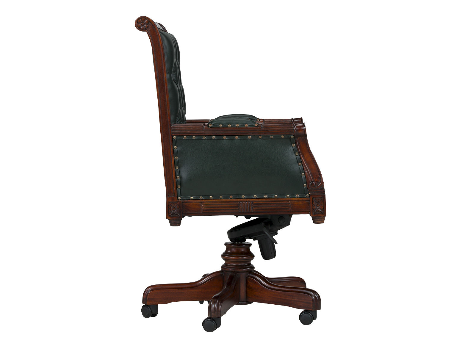 Freisteller Seitenansicht: Bürosessel Cambridge aus grünem Echtleder auf lackiertem Mahagoni-Holzgestell, gepolstert.
