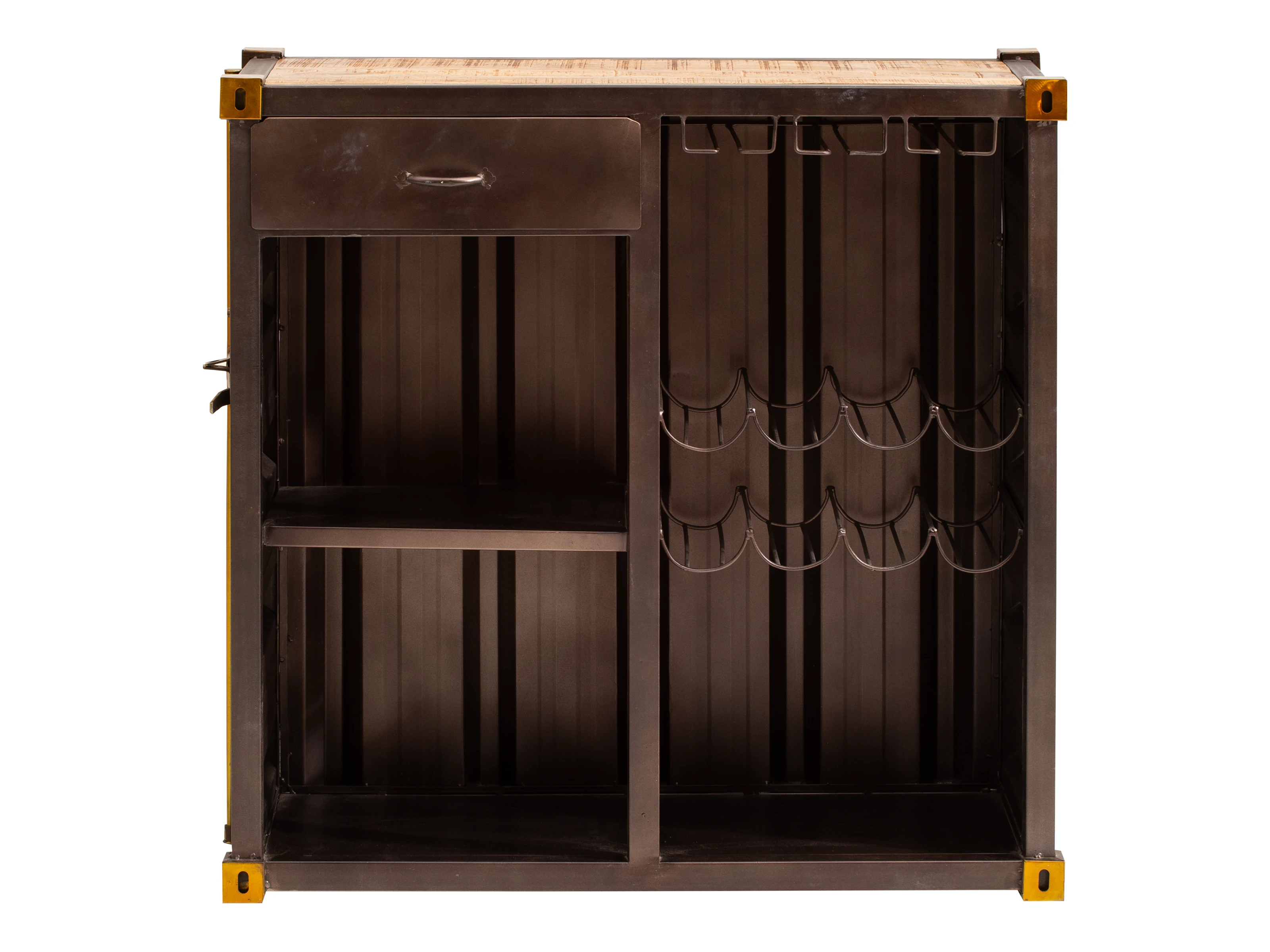 Freisteller Frontansicht geöffnet des Bartresen Cargon (102×100×42 cm) mit Schublade, Regalboden & Flaschenhalter