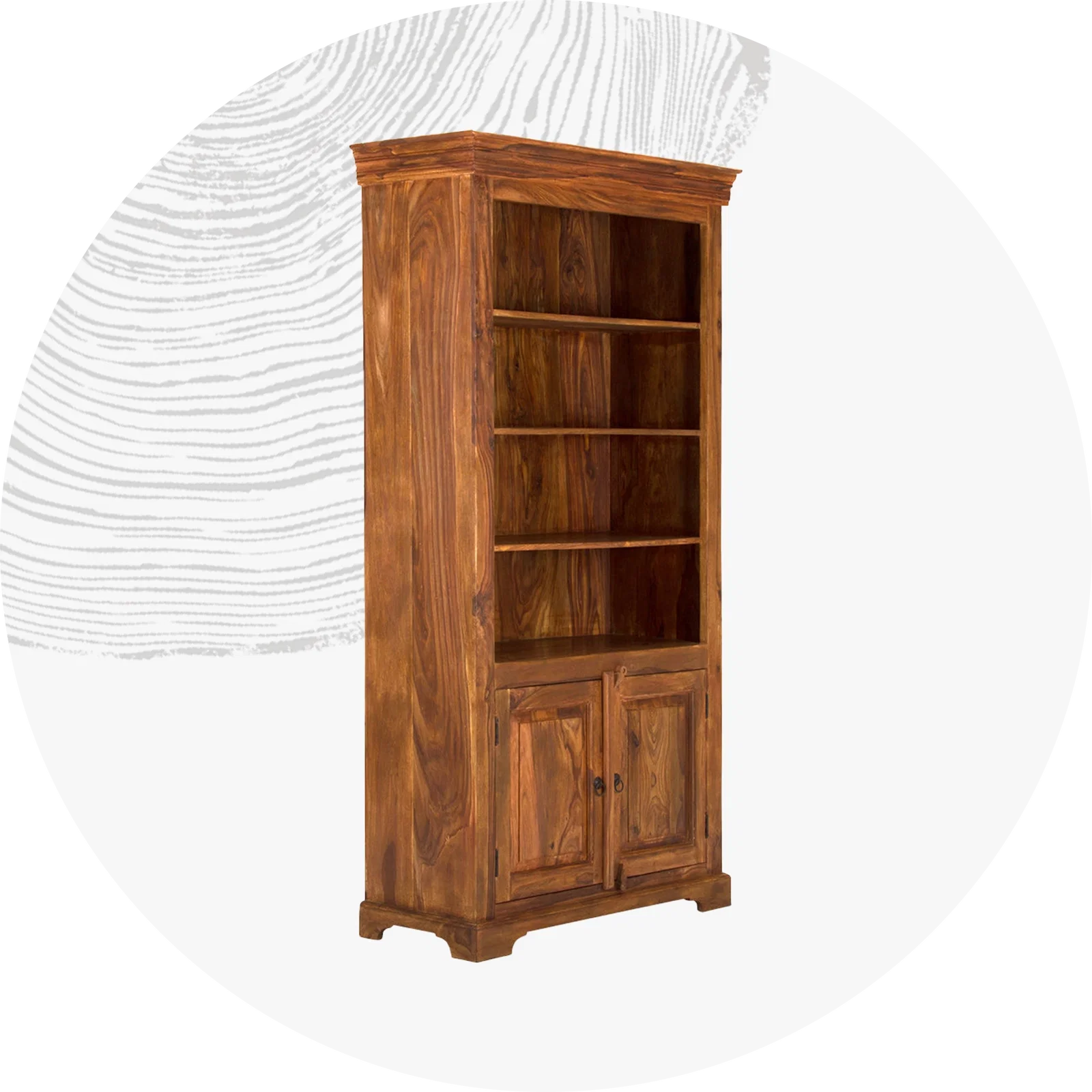 Modernes Holz-Bücherregal in hellem Wohnambiente mit offenen Fächern, Büchern und Dekor, sichtbare Holzmaserung, skandinavisch